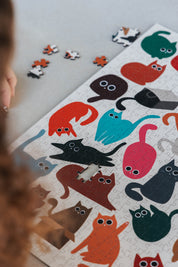 Curious Cats is a MasterPiece wooden jigsaw puzzle featuring a delightful collection of curious cats in various poses and playful scenes. This charming puzzle is a must-have for cat lovers! Precision-cut from 3mm thick wood and expertly printed, our MasterPiece puzzles offer a tactile and satisfying puzzling experience like no other. like no other. This puzzle is perfect for 'crazy cat ladies', art lovers and anyone looking for a thoughtful gift.