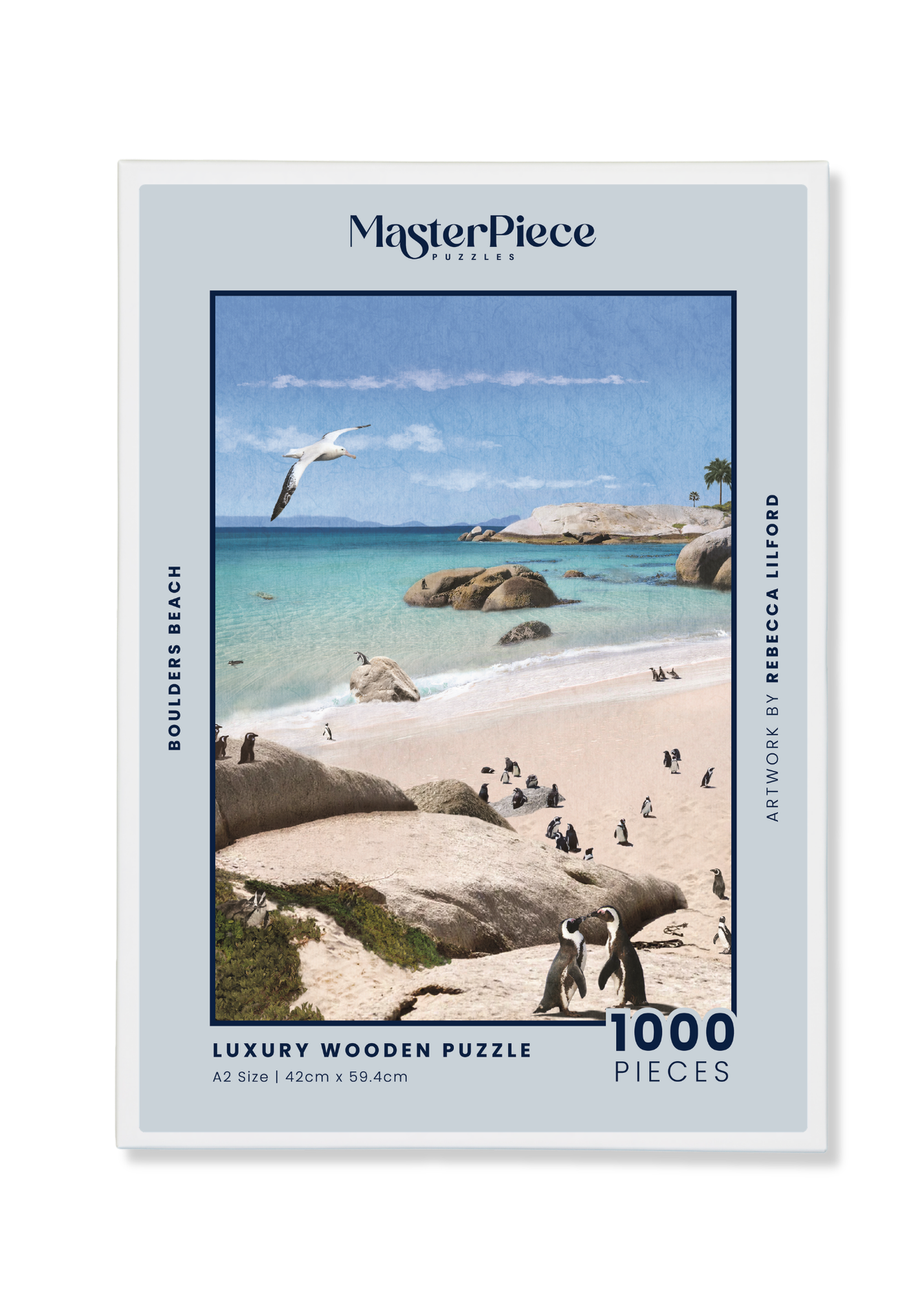 Boulders Beach is a MasterPiece wooden jigsaw puzzle from the African Odyssey poster series designed to showcases Africa’s most iconic natural wonders. Boulders Beach is a haven for African penguins.Precision-cut from 3mm thick wood and expertly printed, our MasterPiece puzzles offer a tactile and satisfying puzzling experience like no other. They are perfect for art lovers, nature enthusiasts and anyone looking for a thoughtful gift.