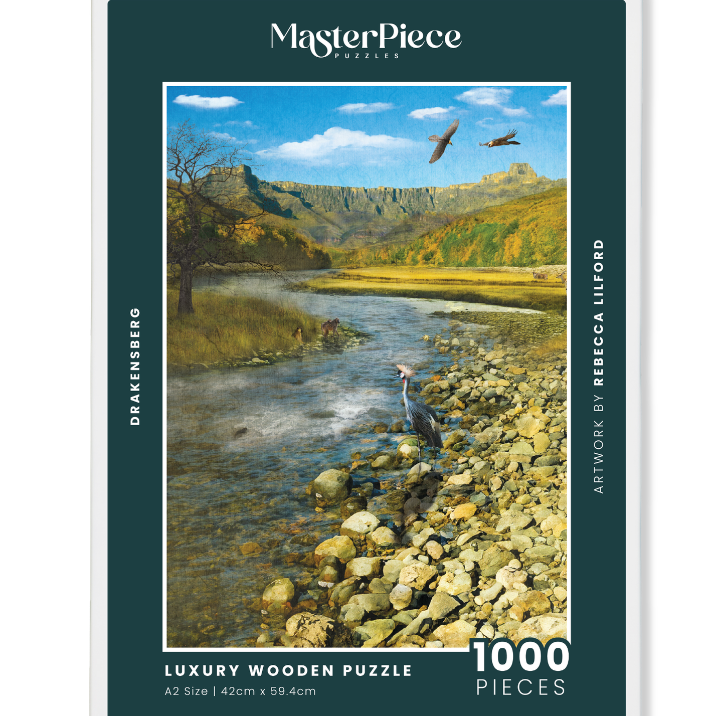 Drakensberg is a MasterPiece wooden jigsaw puzzle from the African Odyssey poster series designed to showcase Africa’s most iconic natural wonders. The Drakensberg Amphitheatre, located in KwaZulu-Natal, South Africa, stretches over 5 km and rises up to 1.2 km high. Precision-cut from 3mm thick wood and expertly printed, our MasterPiece puzzles offer a tactile and satisfying puzzling experience like no other. They are perfect for art lovers, nature enthusiasts and anyone looking for a thoughtful gift.
