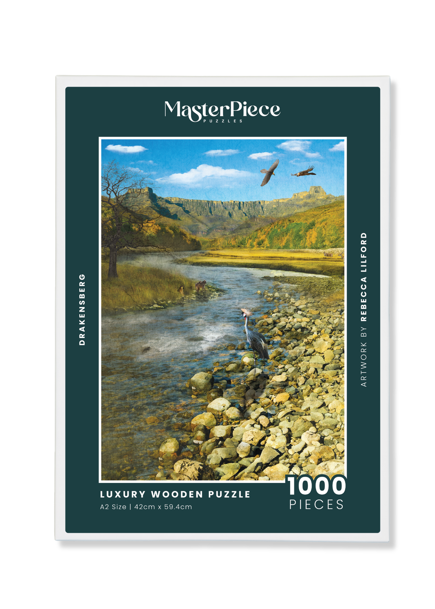 Drakensberg is a MasterPiece wooden jigsaw puzzle from the African Odyssey poster series designed to showcase Africa’s most iconic natural wonders. The Drakensberg Amphitheatre, located in KwaZulu-Natal, South Africa, stretches over 5 km and rises up to 1.2 km high. Precision-cut from 3mm thick wood and expertly printed, our MasterPiece puzzles offer a tactile and satisfying puzzling experience like no other. They are perfect for art lovers, nature enthusiasts and anyone looking for a thoughtful gift.