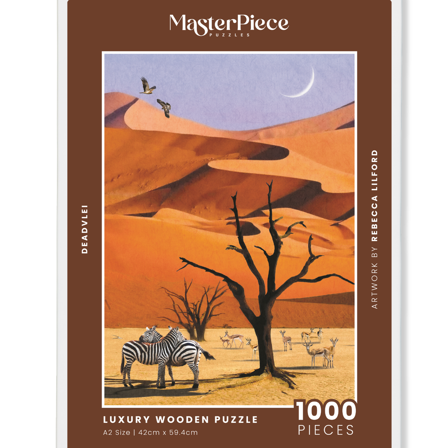 Deadvlei is a MasterPiece wooden jigsaw puzzle from the African Odyssey poster series designed to showcase Africa’s most iconic natural wonders. 
Precision-cut from 3mm thick wood and expertly printed, our MasterPiece puzzles offer a tactile and satisfying puzzling experience like no other. They are perfect for art lovers, nature enthusiasts and anyone looking for a thoughtful gift.
