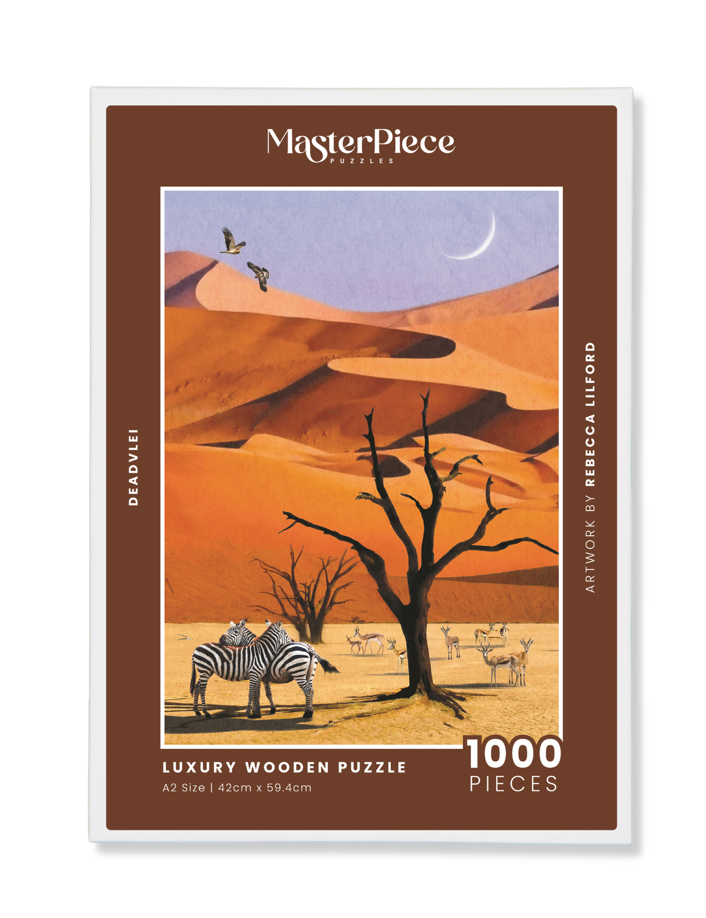 Deadvlei is a MasterPiece wooden jigsaw puzzle from the African Odyssey poster series designed to showcase Africa’s most iconic natural wonders. 
Precision-cut from 3mm thick wood and expertly printed, our MasterPiece puzzles offer a tactile and satisfying puzzling experience like no other. They are perfect for art lovers, nature enthusiasts and anyone looking for a thoughtful gift.