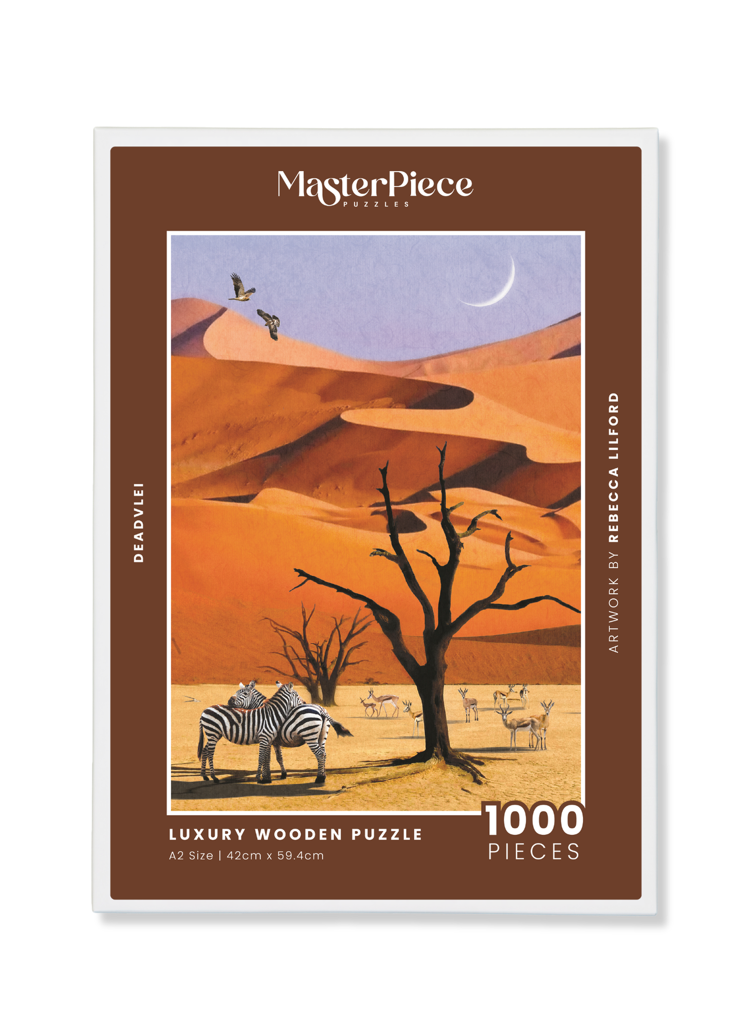 Deadvlei is a MasterPiece wooden jigsaw puzzle from the African Odyssey poster series designed to showcase Africa’s most iconic natural wonders. 
Precision-cut from 3mm thick wood and expertly printed, our MasterPiece puzzles offer a tactile and satisfying puzzling experience like no other. They are perfect for art lovers, nature enthusiasts and anyone looking for a thoughtful gift.
