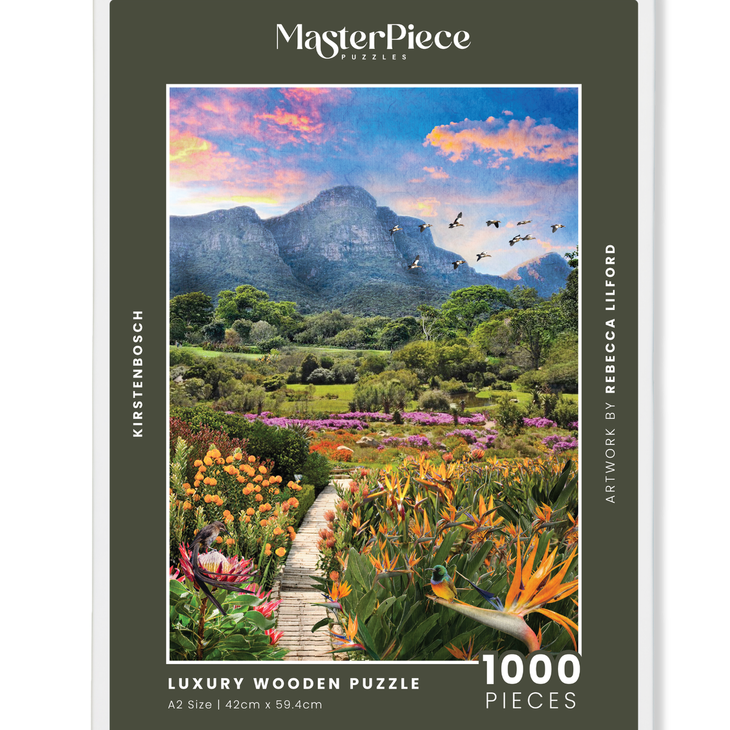 Kirstenbosch African Odyssey is a MasterPiece wooden jigsaw puzzle from the African Odyssey poster series designed to showcase Africa’s most iconic natural wonders. Nestled against the eastern slopes of Table Mountain in Cape Town, Kirstenbosch is widely regarded as one of the most beautiful botanical gardens in the world. Established in 1913, it was the first botanical garden dedicated to preserving a country’s indigenous flora and is home to thousands of plant species found nowhere else on Earth. Kirstenb