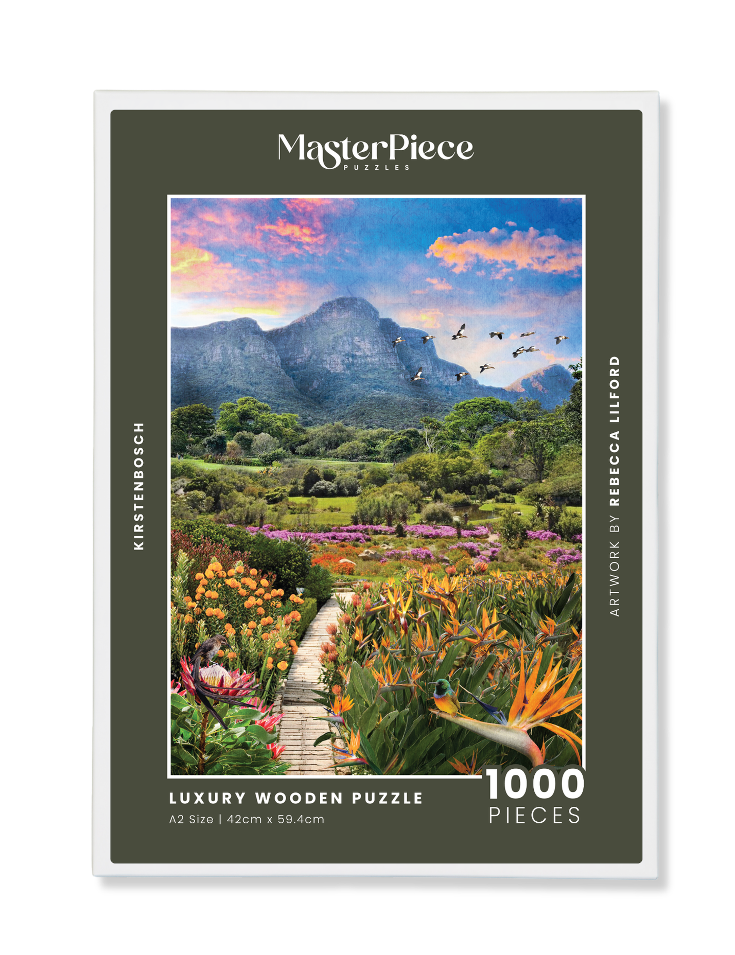 Kirstenbosch African Odyssey is a MasterPiece wooden jigsaw puzzle from the African Odyssey poster series designed to showcase Africa’s most iconic natural wonders. Nestled against the eastern slopes of Table Mountain in Cape Town, Kirstenbosch is widely regarded as one of the most beautiful botanical gardens in the world. Established in 1913, it was the first botanical garden dedicated to preserving a country’s indigenous flora and is home to thousands of plant species found nowhere else on Earth. Kirstenb