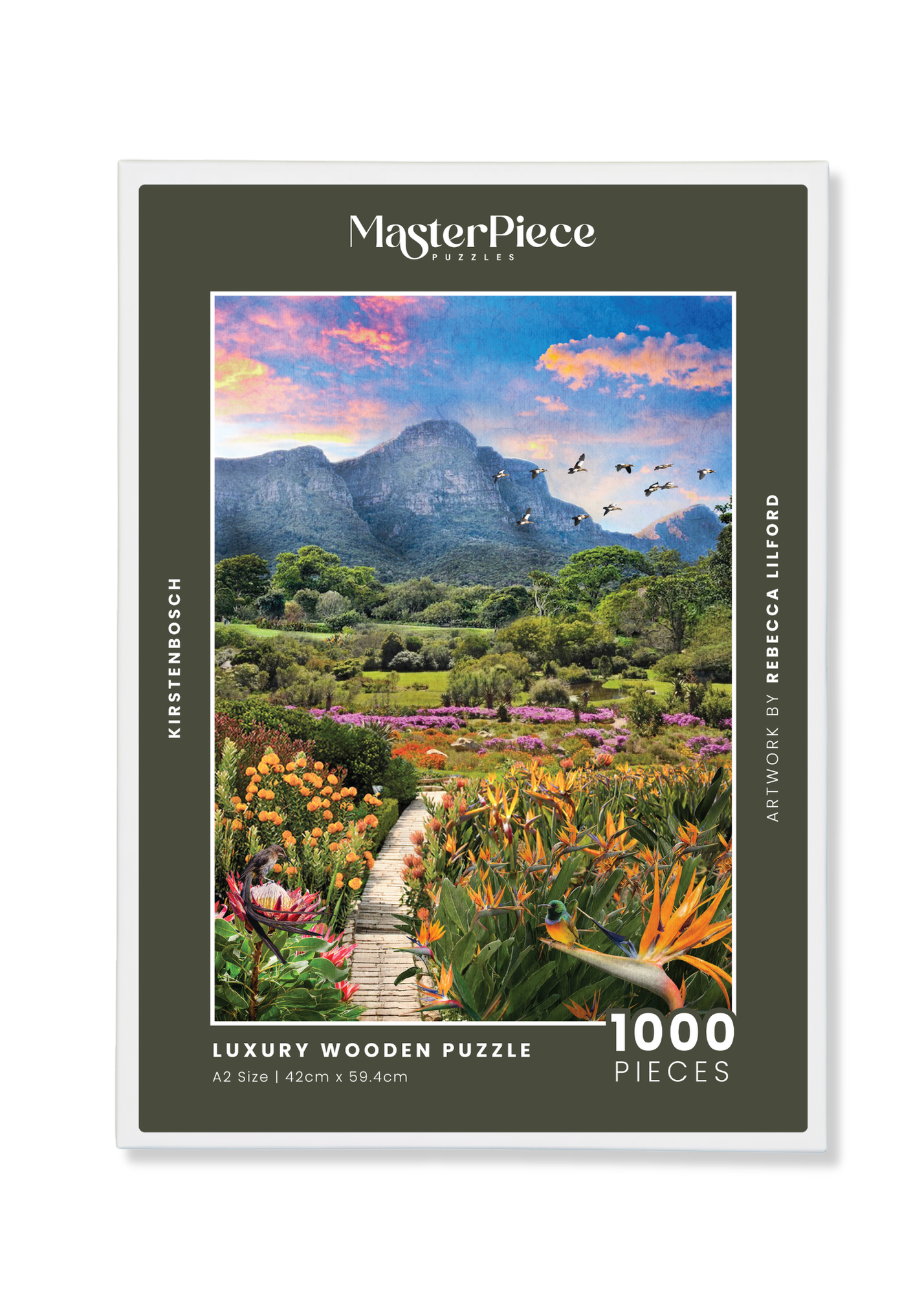 Kirstenbosch African Odyssey is a MasterPiece wooden jigsaw puzzle from the African Odyssey poster series designed to showcase Africa’s most iconic natural wonders. Nestled against the eastern slopes of Table Mountain in Cape Town, Kirstenbosch is widely regarded as one of the most beautiful botanical gardens in the world. Established in 1913, it was the first botanical garden dedicated to preserving a country’s indigenous flora and is home to thousands of plant species found nowhere else on Earth. Kirstenb