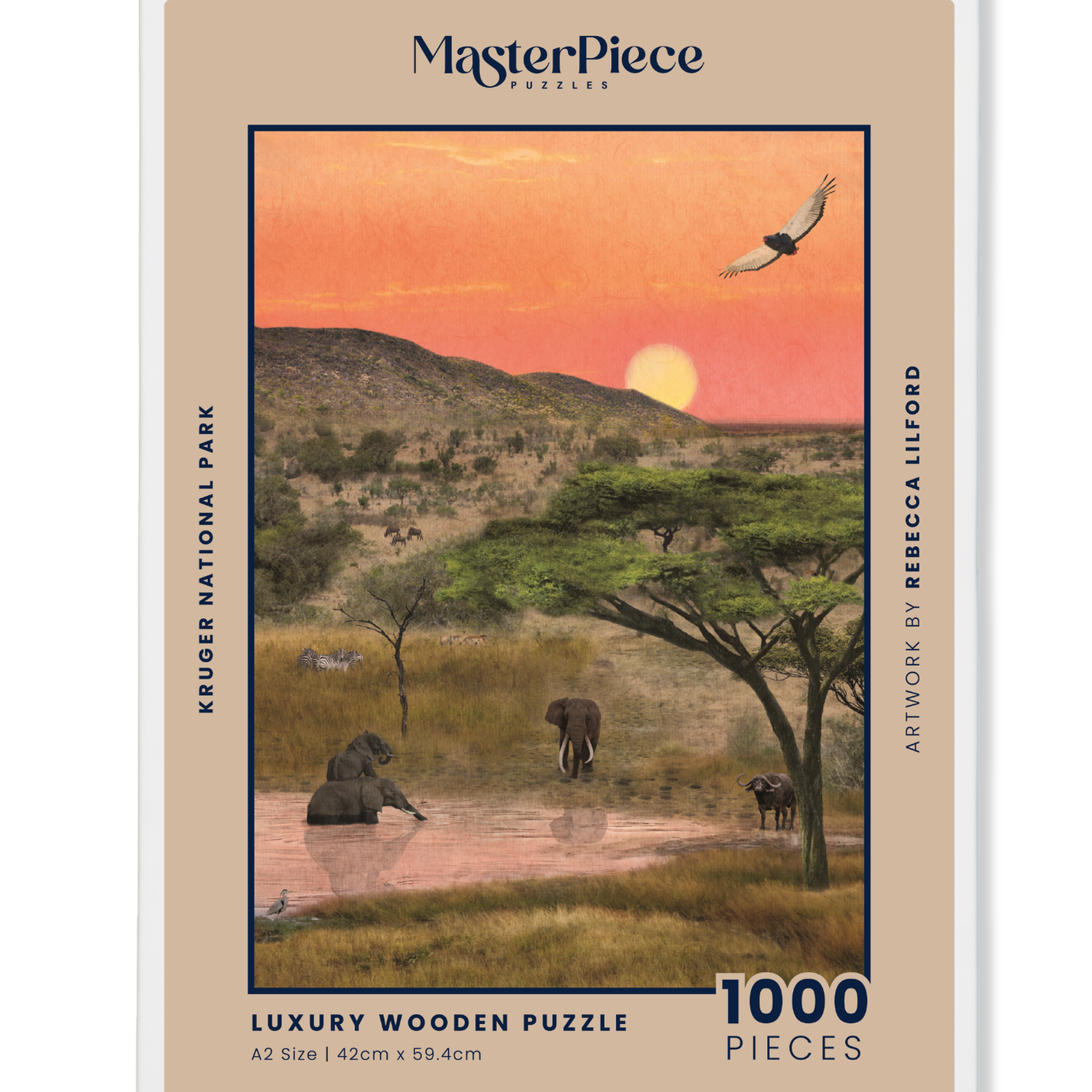 Kruger National Park is a MasterPiece wooden jigsaw puzzle from the African Odyssey poster series designed to showcase Africa’s most iconic natural wonders. 
Precision-cut from 3mm thick wood and expertly printed, our MasterPiece puzzles offer a tactile and satisfying puzzling experience like no other. They are perfect for art lovers, nature enthusiasts and anyone looking for a thoughtful gift.
