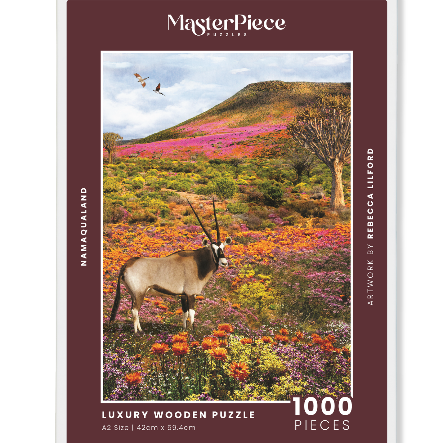 Namaqualand is a MasterPiece wooden jigsaw puzzle from the African Odyssey poster series designed to showcase Africa’s most iconic natural wonders. This one captures the region in South Africa famous for its stunning spring wildflower bloom. Precision-cut from 3mm thick wood and expertly printed, our MasterPiece puzzles offer a tactile and satisfying puzzling experience like no other. They are perfect for art lovers, nature enthusiasts and anyone looking for a thoughtful gift.