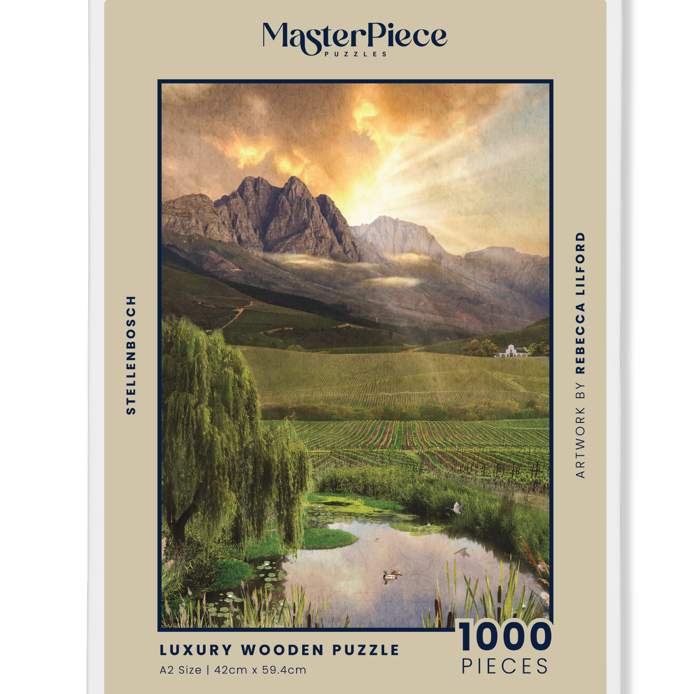 Stellenbosch is a MasterPiece wooden jigsaw puzzle from the African Odyssey poster series designed to showcase Africa’s most iconic natural wonders. This design captures one of the country's oldest towns renowned wine region. Precision-cut from 3mm thick wood and expertly printed, our MasterPiece puzzles offer a tactile and satisfying puzzling experience like no other. They are perfect for art lovers, nature enthusiasts and anyone looking for a thoughtful gift.