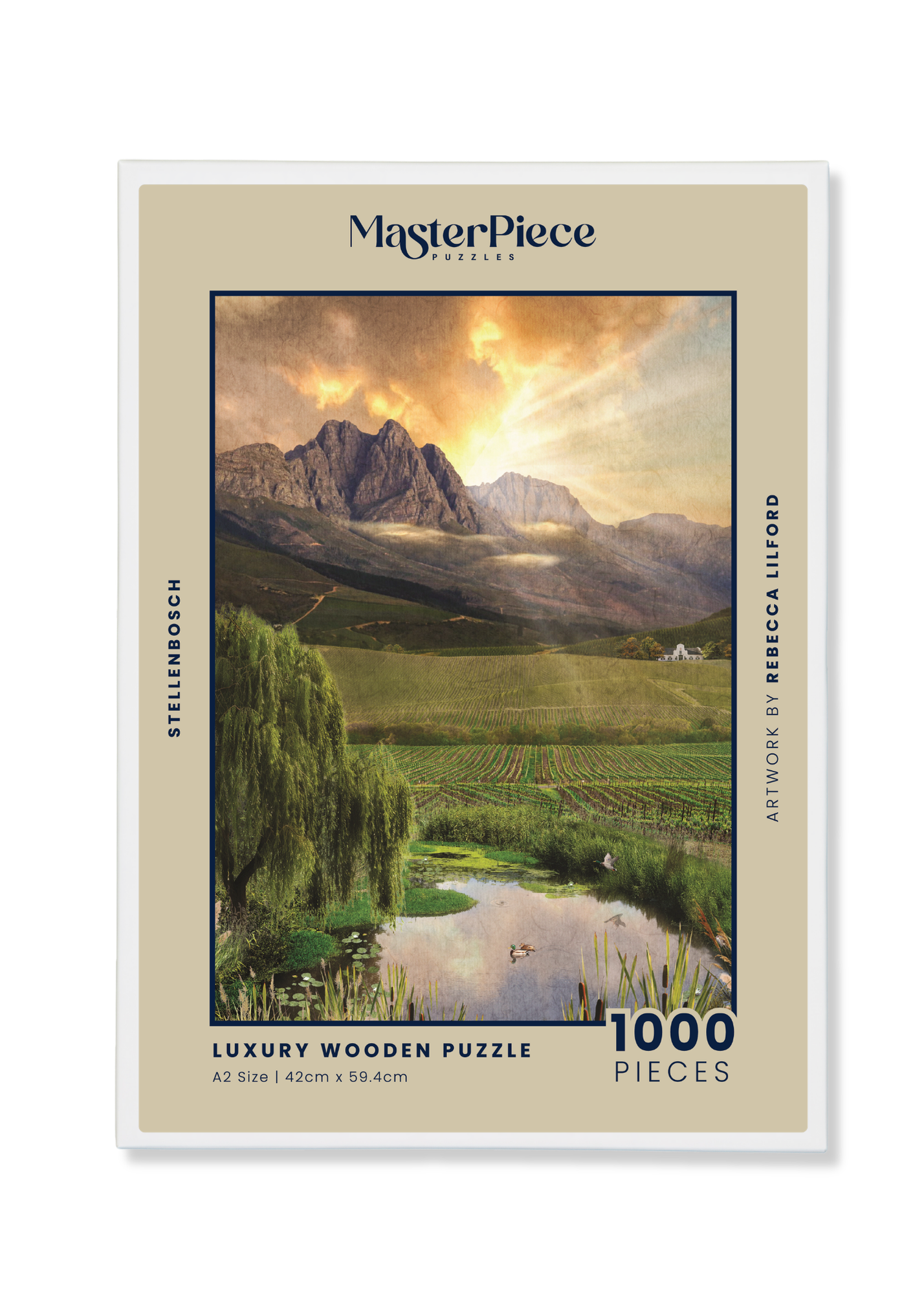 Stellenbosch is a MasterPiece wooden jigsaw puzzle from the African Odyssey poster series designed to showcase Africa’s most iconic natural wonders. This design captures one of the country's oldest towns renowned wine region. Precision-cut from 3mm thick wood and expertly printed, our MasterPiece puzzles offer a tactile and satisfying puzzling experience like no other. They are perfect for art lovers, nature enthusiasts and anyone looking for a thoughtful gift.