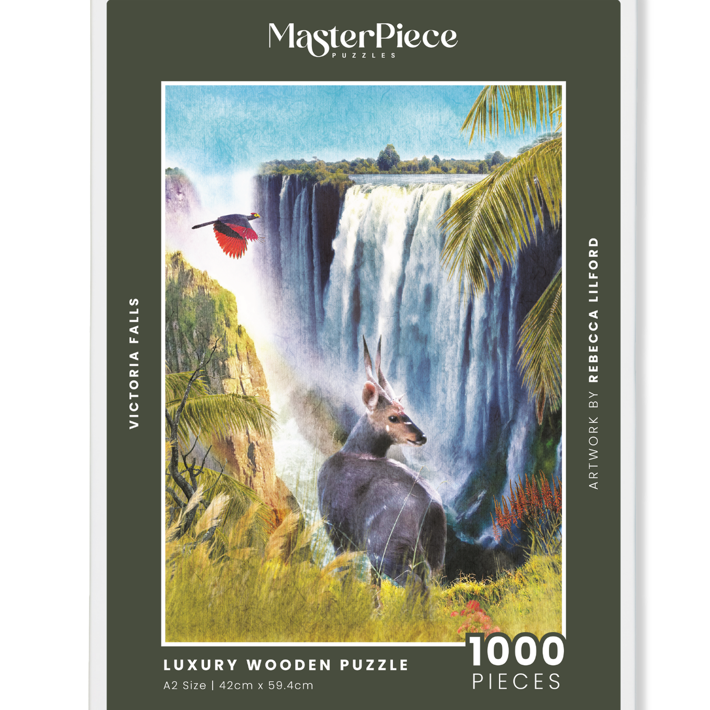 Victoria Falls is a MasterPiece wooden jigsaw puzzle from the African Odyssey poster series designed to showcase Africa’s most iconic natural wonders. This design captures one of the world’s largest waterfalls, on the border of Zambia and Zimbabwe. Precision-cut from 3mm thick wood and expertly printed, our MasterPiece puzzles offer a tactile and satisfying puzzling experience like no other. They are perfect for art lovers, nature enthusiasts and anyone looking for a thoughtful gift.