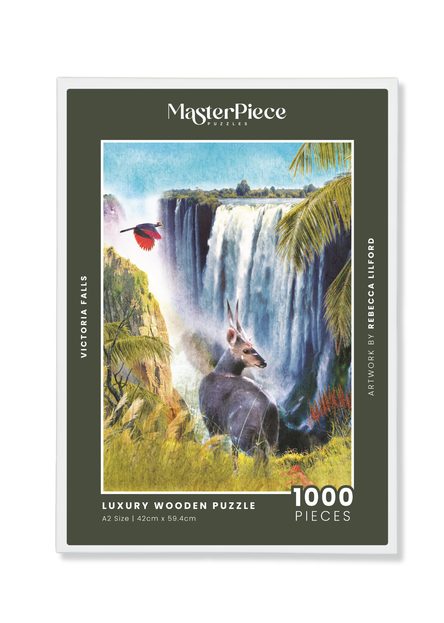 Victoria Falls is a MasterPiece wooden jigsaw puzzle from the African Odyssey poster series designed to showcase Africa’s most iconic natural wonders. This design captures one of the world’s largest waterfalls, on the border of Zambia and Zimbabwe. Precision-cut from 3mm thick wood and expertly printed, our MasterPiece puzzles offer a tactile and satisfying puzzling experience like no other. They are perfect for art lovers, nature enthusiasts and anyone looking for a thoughtful gift.
