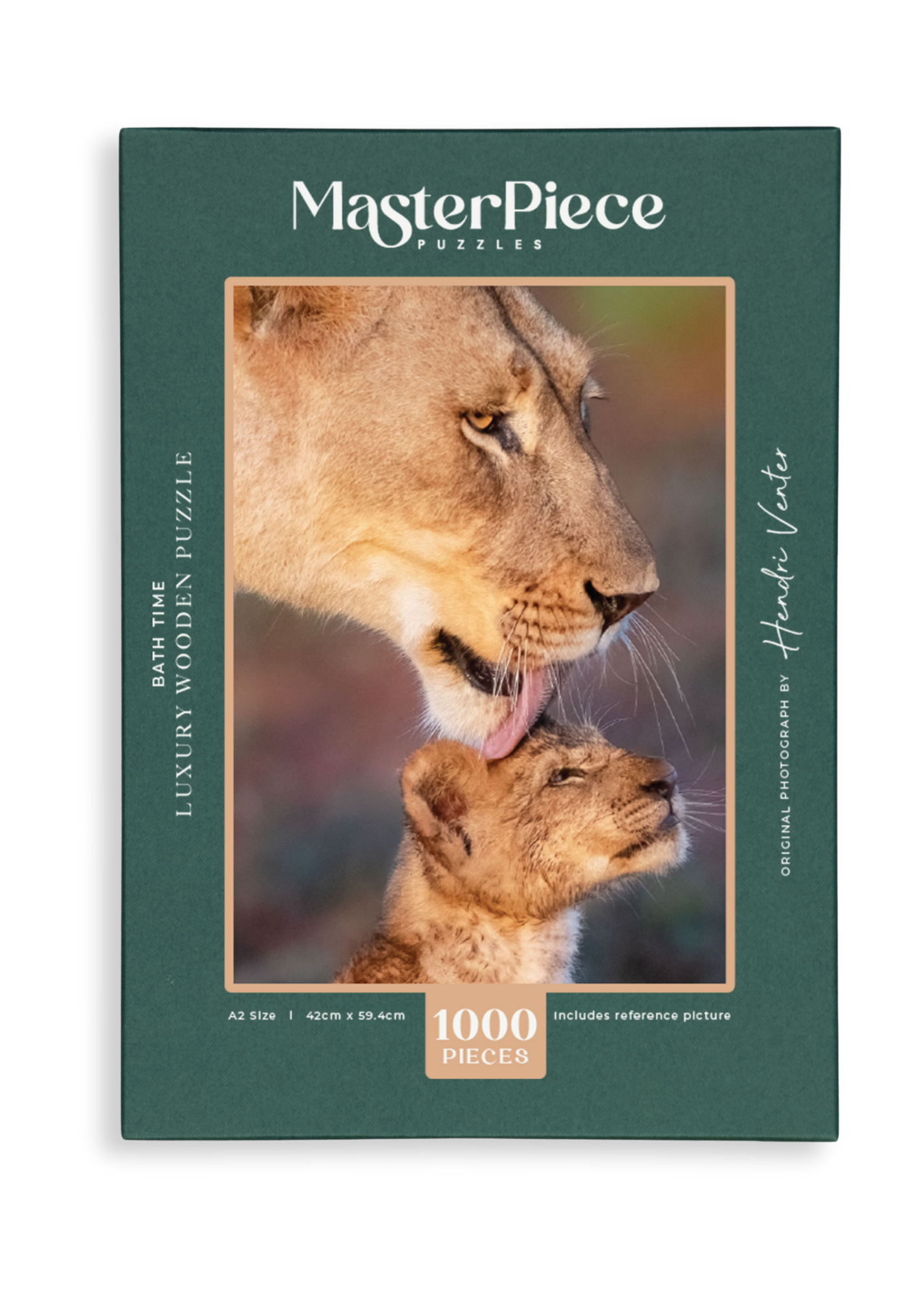 A premium wooden jigsaw puzzle that features a beautiful photograph of a lioness cleaning her cub, taken by local wildlife photographer, Hendri Venter.
Perfect for wildlife lovers, nature enthusiasts and thoughtful gift buyers, Bath Time makes a meaningful gift for birthdays, holidays, housewarmings or anyone who enjoys working with their hands and mind.