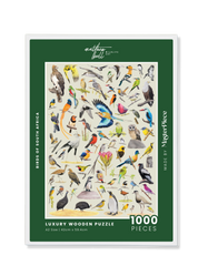 Puzzle box of Matthew Bells Birds of South Africa wooden puzzle featuring Lilac Breasted Rollers, African Wood Owls, Sunbirds, Bee Eaters and others.