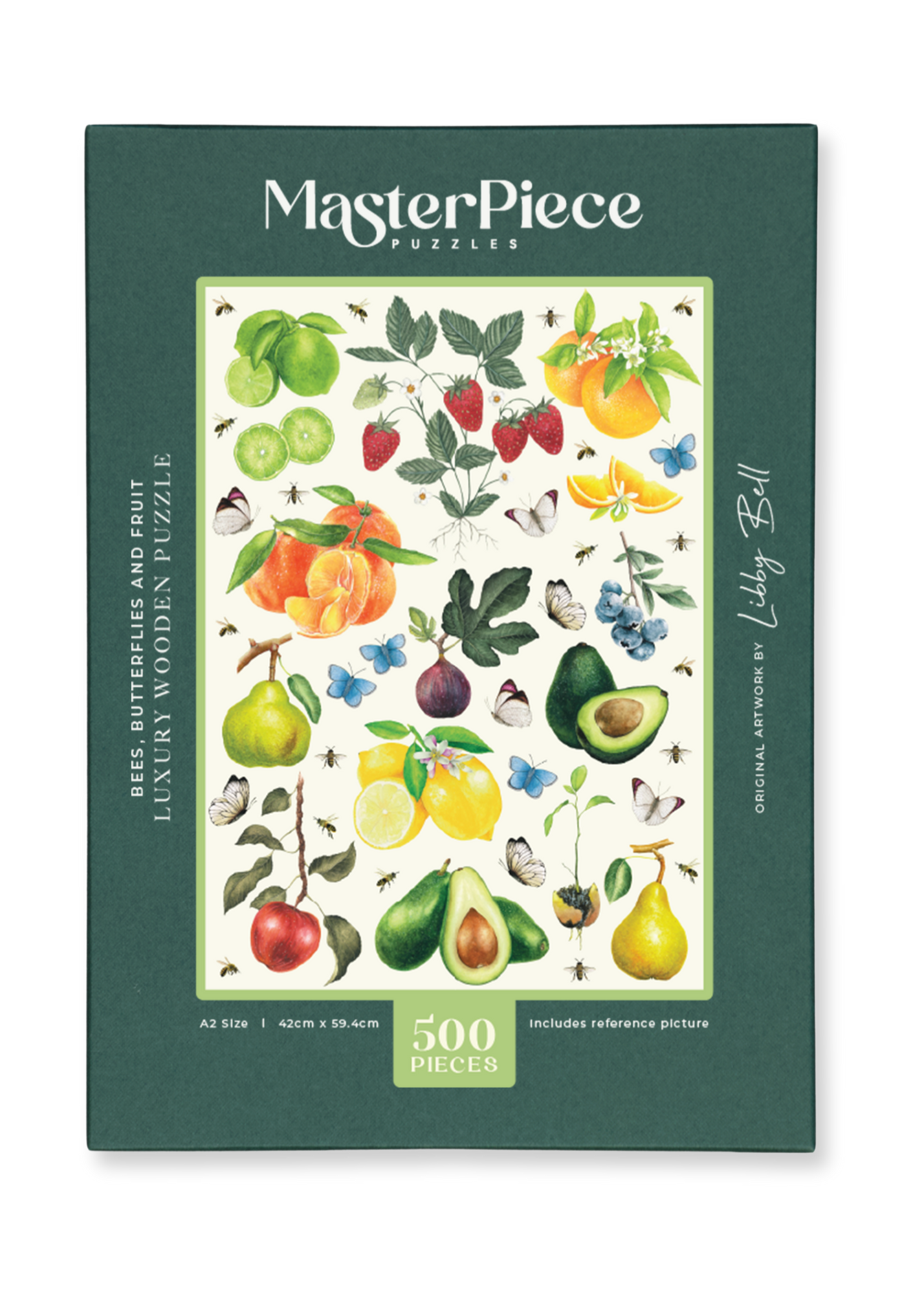 A premium wooden jigsaw puzzle of a watercolour artwork of ripe fruits, buzzing bees and fluttering butterflies, painted by Libby Bell. They are perfect for art lovers, garden admirers and anyone looking for a thoughtful gift.