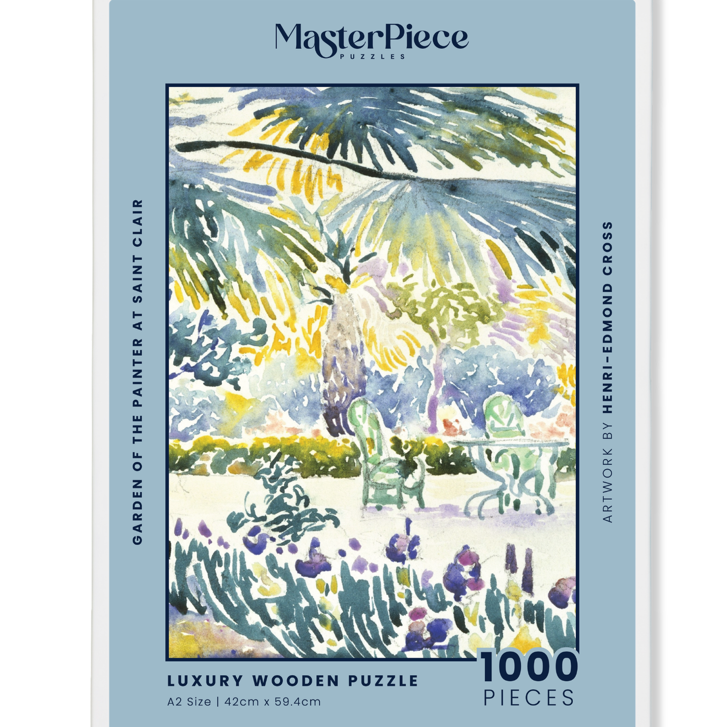 Garden of the Painter at Saint Clair is a MasterPiece wooden jigsaw puzzle of one of Henri-Edmond Cross’s paintings. This artwork captures a sunlit garden overflowing with vibrant greenery and blooming flowers. 

Precision-cut from 3mm thick wood and expertly printed, our MasterPiece puzzles offer a tactile and satisfying puzzling experience like no other. They are perfect for classic art lovers and anyone looking for a thoughtful gift. 