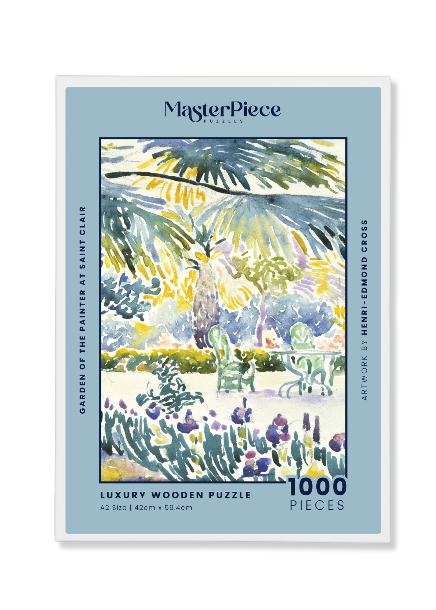 Garden of the Painter at Saint Clair is a MasterPiece wooden jigsaw puzzle of one of Henri-Edmond Cross’s paintings. This artwork captures a sunlit garden overflowing with vibrant greenery and blooming flowers. 

Precision-cut from 3mm thick wood and expertly printed, our MasterPiece puzzles offer a tactile and satisfying puzzling experience like no other. They are perfect for classic art lovers and anyone looking for a thoughtful gift. 