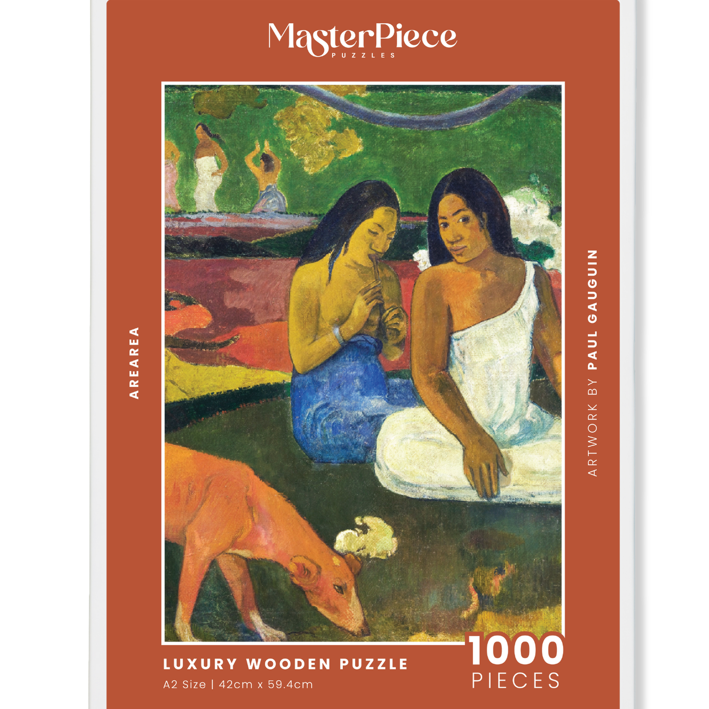 Arearea is a MasterPiece wooden jigsaw puzzle of one of Paul Gauguin's paintings. This is a vibrant Post-Impressionist painting depicting a lush Tahitian landscape. Precision-cut from 3mm thick wood and expertly printed, our MasterPiece puzzles offer a tactile and satisfying puzzling experience like no other. They are perfect for classic art lovers and anyone looking for a thoughtful gift. 