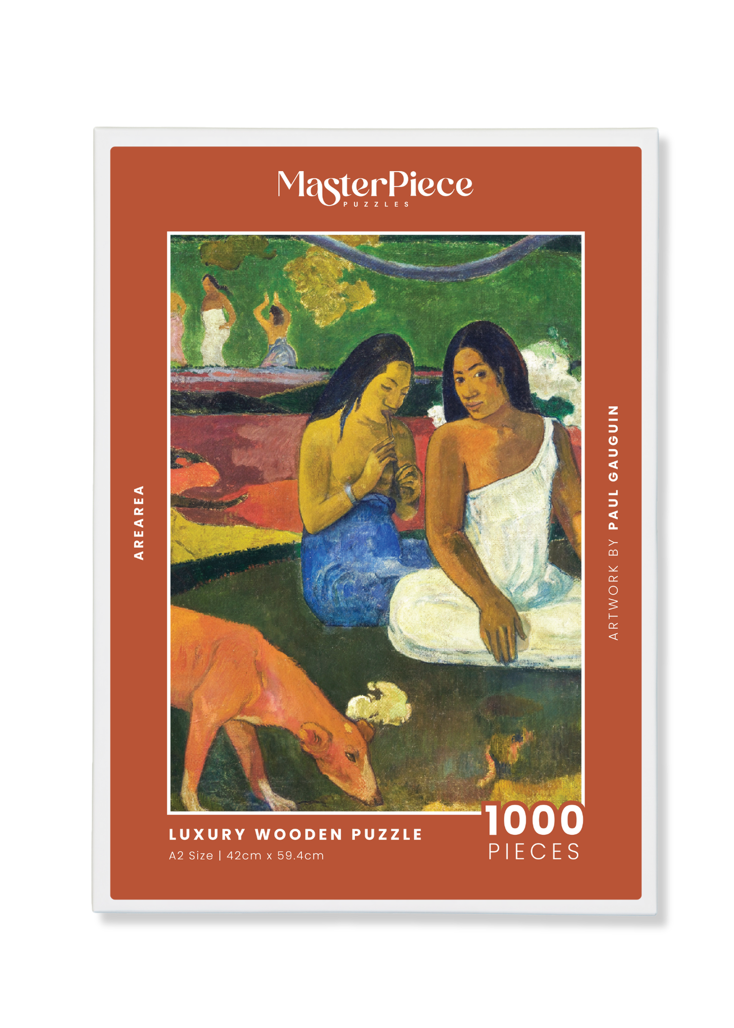 Arearea is a MasterPiece wooden jigsaw puzzle of one of Paul Gauguin's paintings. This is a vibrant Post-Impressionist painting depicting a lush Tahitian landscape. Precision-cut from 3mm thick wood and expertly printed, our MasterPiece puzzles offer a tactile and satisfying puzzling experience like no other. They are perfect for classic art lovers and anyone looking for a thoughtful gift. 
