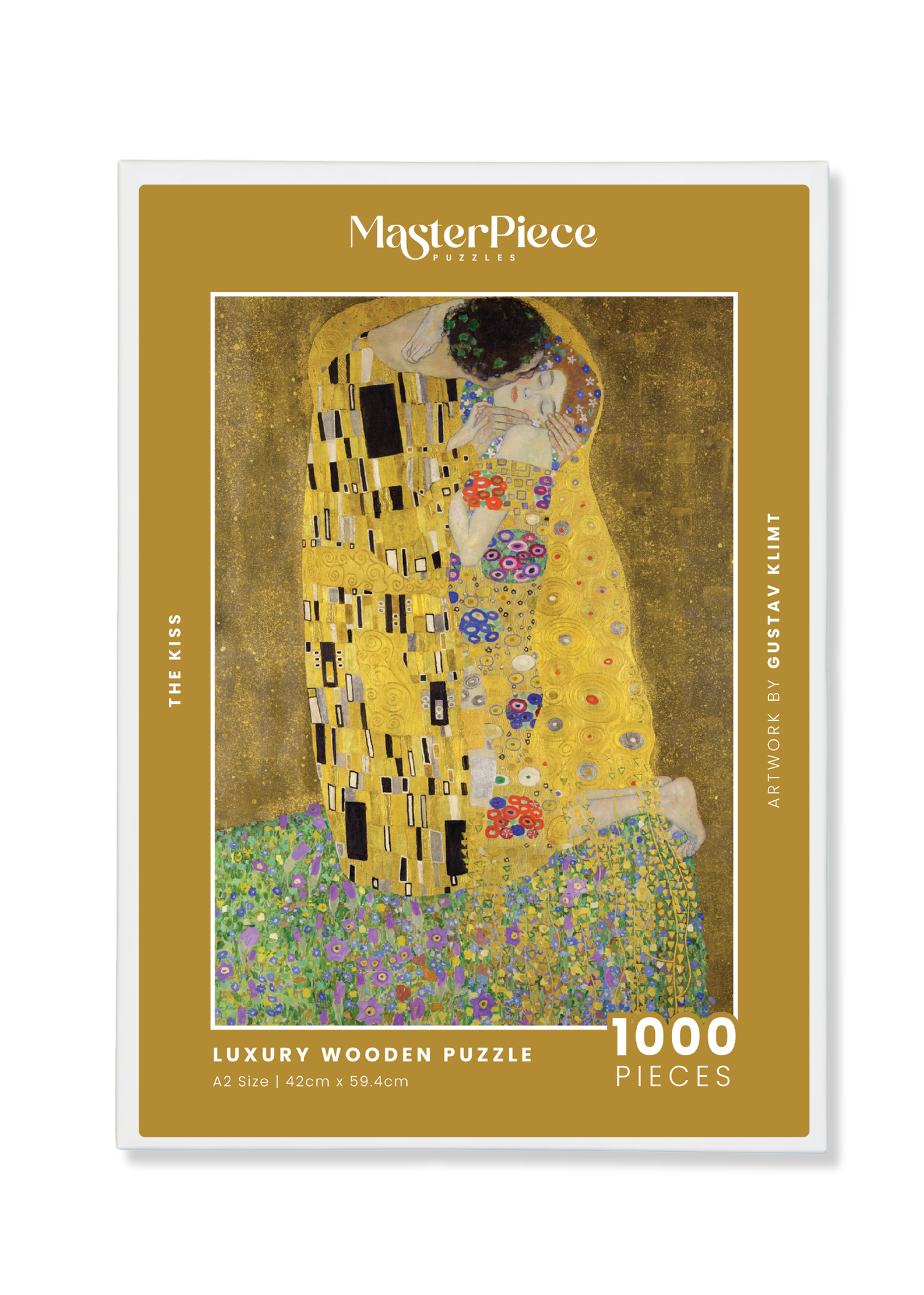 The Kiss is a MasterPiece wooden jigsaw puzzle of one of Gustav Klimt’s most celebrated paintings. This artwork of the Golden Period portrays an intimate embrace between two lovers, enveloped in a shimmering golden cloak adorned with intricate patterns. 

Precision-cut from 3mm thick wood and expertly printed, our MasterPiece puzzles offer a tactile and satisfying puzzling experience like no other. They are perfect for classic art lovers and anyone looking for a thoughtful gift.
