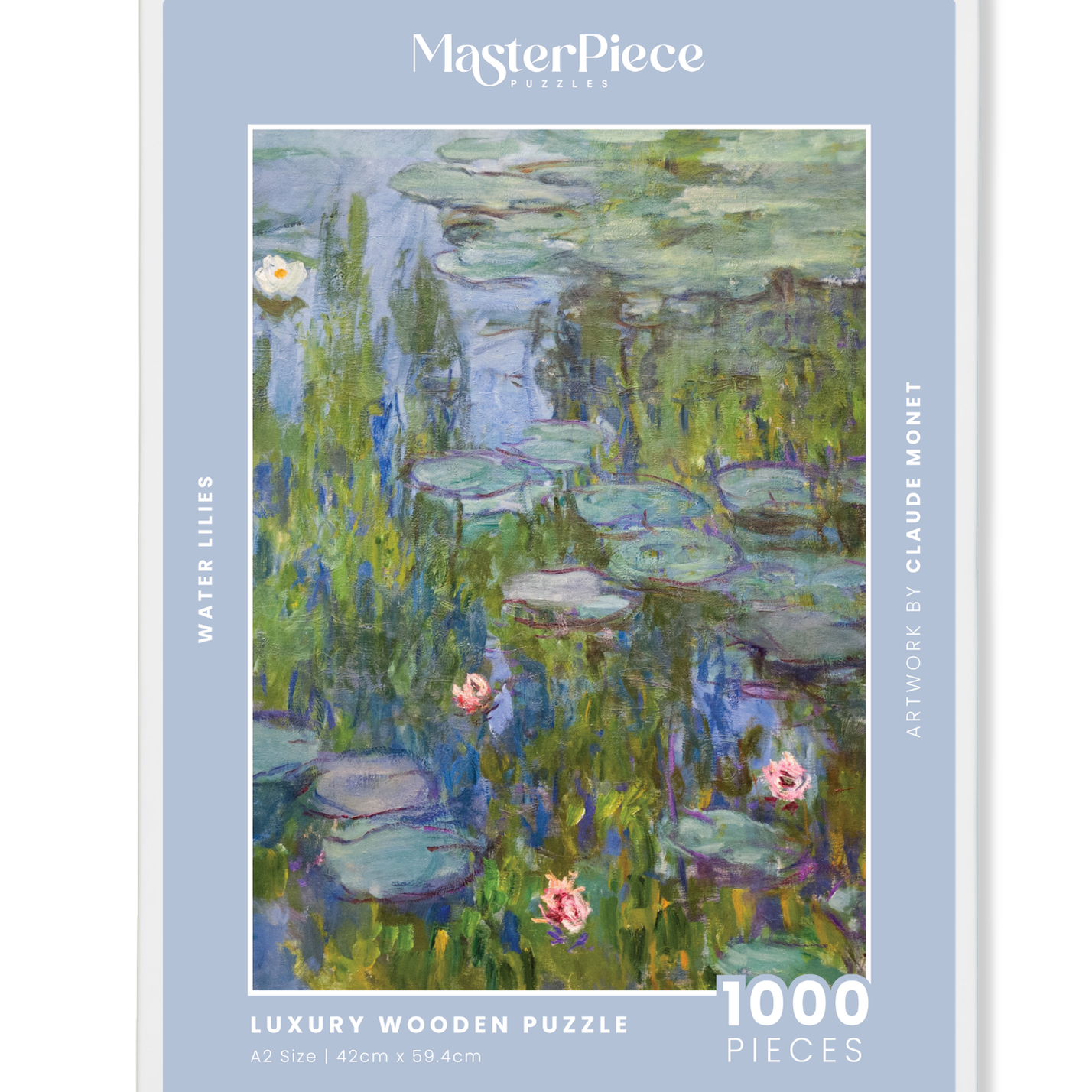 Water Lilies is a MasterPiece wooden jigsaw puzzle of one of Claude Monet’s iconic paintings. This Impressionist piece captures the tranquil beauty of his garden in Giverny. The artwork showcases a&nbsp; pond filled with water lilies in soft, blended hues of blue, green and pink.&nbsp;

Precision-cut from 3mm wood and expertly printed, our MasterPiece puzzles offer a tactile and satisfying puzzling experience like no other. They are perfect for classic art lovers and anyone looking for a&nbsp;thoughtfu