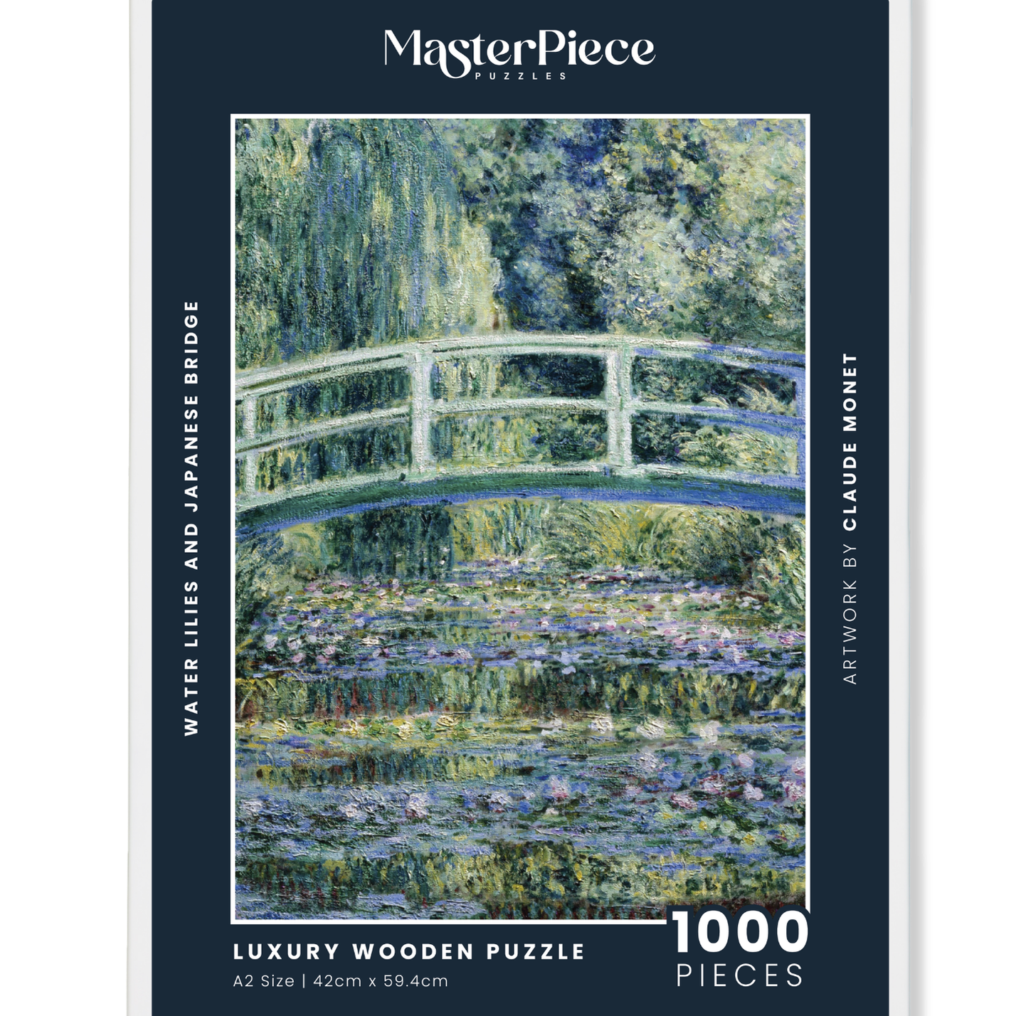 Water Lilies and Japanese Bridge is a&nbsp;MasterPiece wooden jigsaw puzzle&nbsp;of one of Claude Monet’s iconic paintings. This is an Impressionist masterpiece portraying his garden in Giverny. The painting features a serene pond covered in floating water lilies, with a softly arched Japanese bridge overhead.&nbsp;

Precision-cut from 3mm wood and expertly printed, our MasterPiece puzzles offer a tactile and satisfying puzzling experience like no other. They are perfect for&nbsp;classic&nbsp;art lovers&nbs