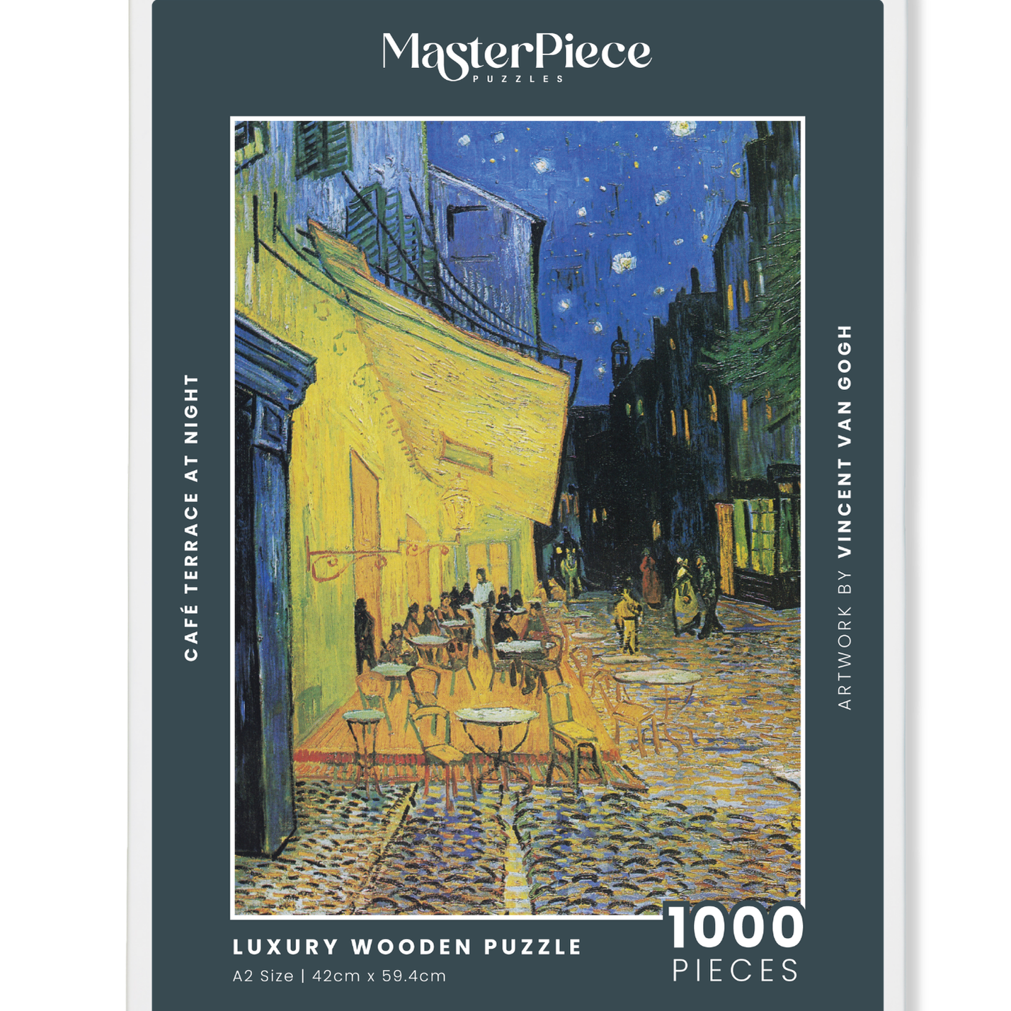 Café Terrace at Night is a MasterPiece wooden jigsaw puzzle of Vincent Van Gogh's painting featuring a warm glow of a café under a starry sky. Precision-cut from 3mm thick wood and expertly printed, our MasterPiece puzzles offer a tactile and satisfying puzzling experience like no other. They are perfect for classic art lovers and anyone looking for a thoughtful gift. 