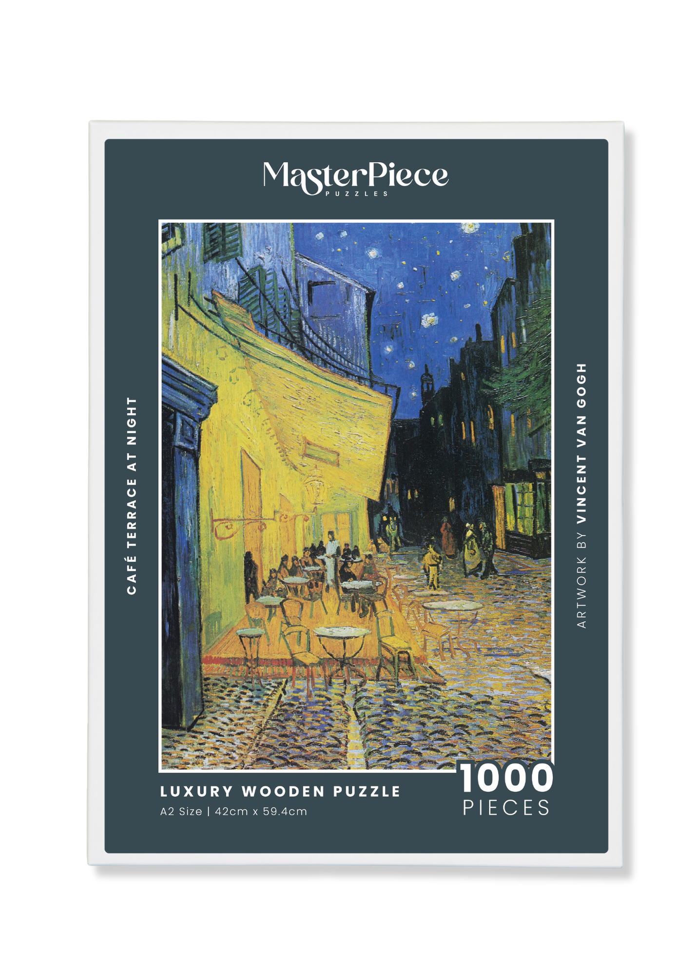 Café Terrace at Night is a MasterPiece wooden jigsaw puzzle of Vincent Van Gogh's painting featuring a warm glow of a café under a starry sky. Precision-cut from 3mm thick wood and expertly printed, our MasterPiece puzzles offer a tactile and satisfying puzzling experience like no other. They are perfect for classic art lovers and anyone looking for a thoughtful gift. 