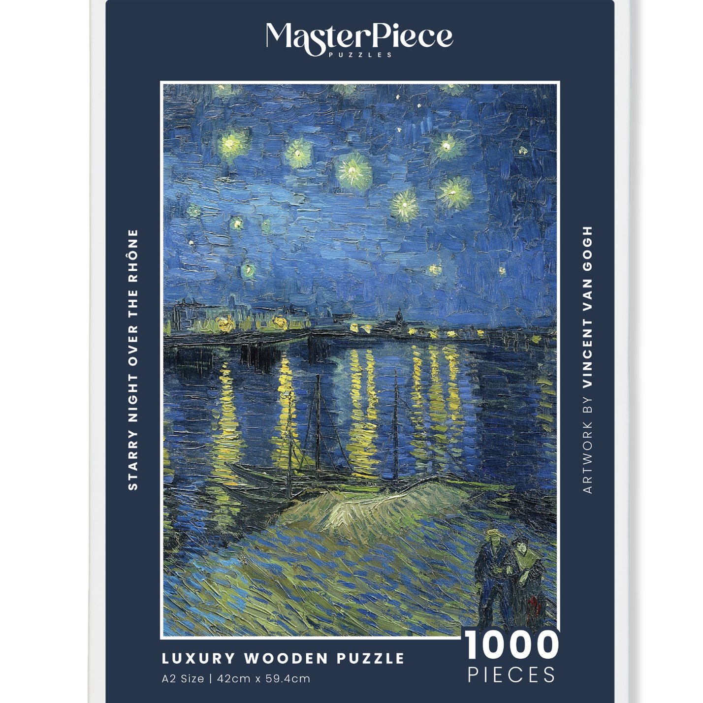 Starry Night Over the Rhône is a MasterPiece wooden jigsaw puzzle of Vincent Van Gogh's painting that depicts a serene nighttime scene of a deep blue sky filled with shimmering stars, their light reflecting off the Rhône River. Precision-cut from 3mm thick wood and expertly printed, our MasterPiece puzzles offer a tactile and satisfying puzzling experience like no other. They are perfect for classic art lovers, floral enthusiasts and anyone looking for a thoughtful gift.
