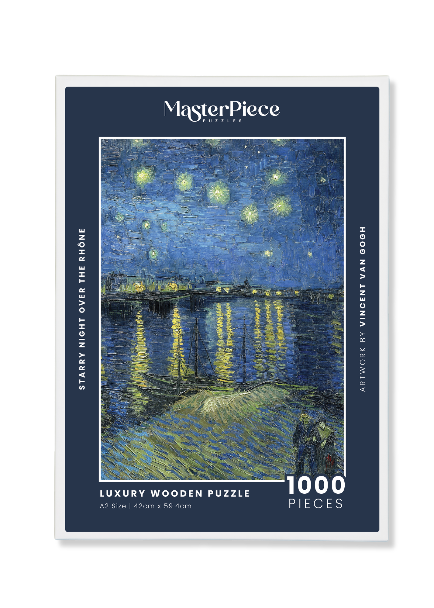Starry Night Over the Rhône is a MasterPiece wooden jigsaw puzzle of Vincent Van Gogh's painting that depicts a serene nighttime scene of a deep blue sky filled with shimmering stars, their light reflecting off the Rhône River. Precision-cut from 3mm thick wood and expertly printed, our MasterPiece puzzles offer a tactile and satisfying puzzling experience like no other. They are perfect for classic art lovers, floral enthusiasts and anyone looking for a thoughtful gift.