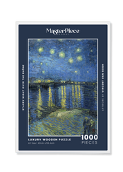 Starry Night Over the Rhône is a MasterPiece wooden jigsaw puzzle of Vincent Van Gogh's painting that depicts a serene nighttime scene of a deep blue sky filled with shimmering stars, their light reflecting off the Rhône River. Precision-cut from 3mm thick wood and expertly printed, our MasterPiece puzzles offer a tactile and satisfying puzzling experience like no other. They are perfect for classic art lovers, floral enthusiasts and anyone looking for a thoughtful gift.