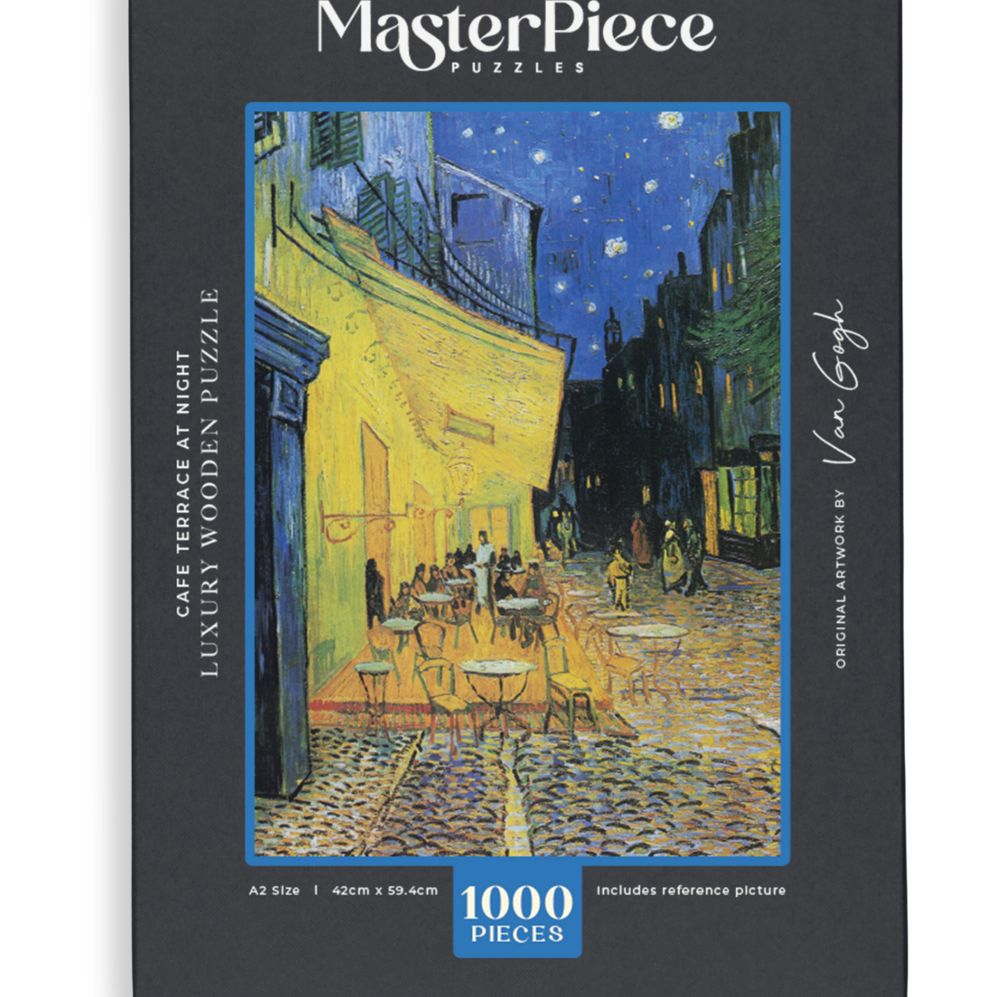 Café Terrace at Night is a MasterPiece wooden jigsaw puzzle of Vincent Van Gogh's painting featuring a warm glow of a café under a starry sky. Precision-cut from 3mm thick wood and expertly printed, our MasterPiece puzzles offer a tactile and satisfying puzzling experience like no other. They are perfect for classic art lovers and anyone looking for a thoughtful gift.