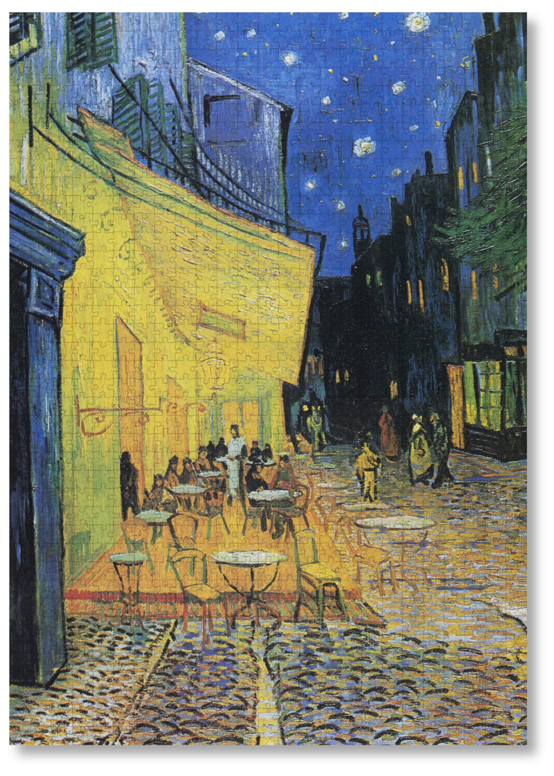 Café Terrace at Night is a MasterPiece wooden jigsaw puzzle of Vincent Van Gogh's painting featuring a warm glow of a café under a starry sky. Precision-cut from 3mm thick wood and expertly printed, our MasterPiece puzzles offer a tactile and satisfying puzzling experience like no other. They are perfect for classic art lovers and anyone looking for a thoughtful gift. 