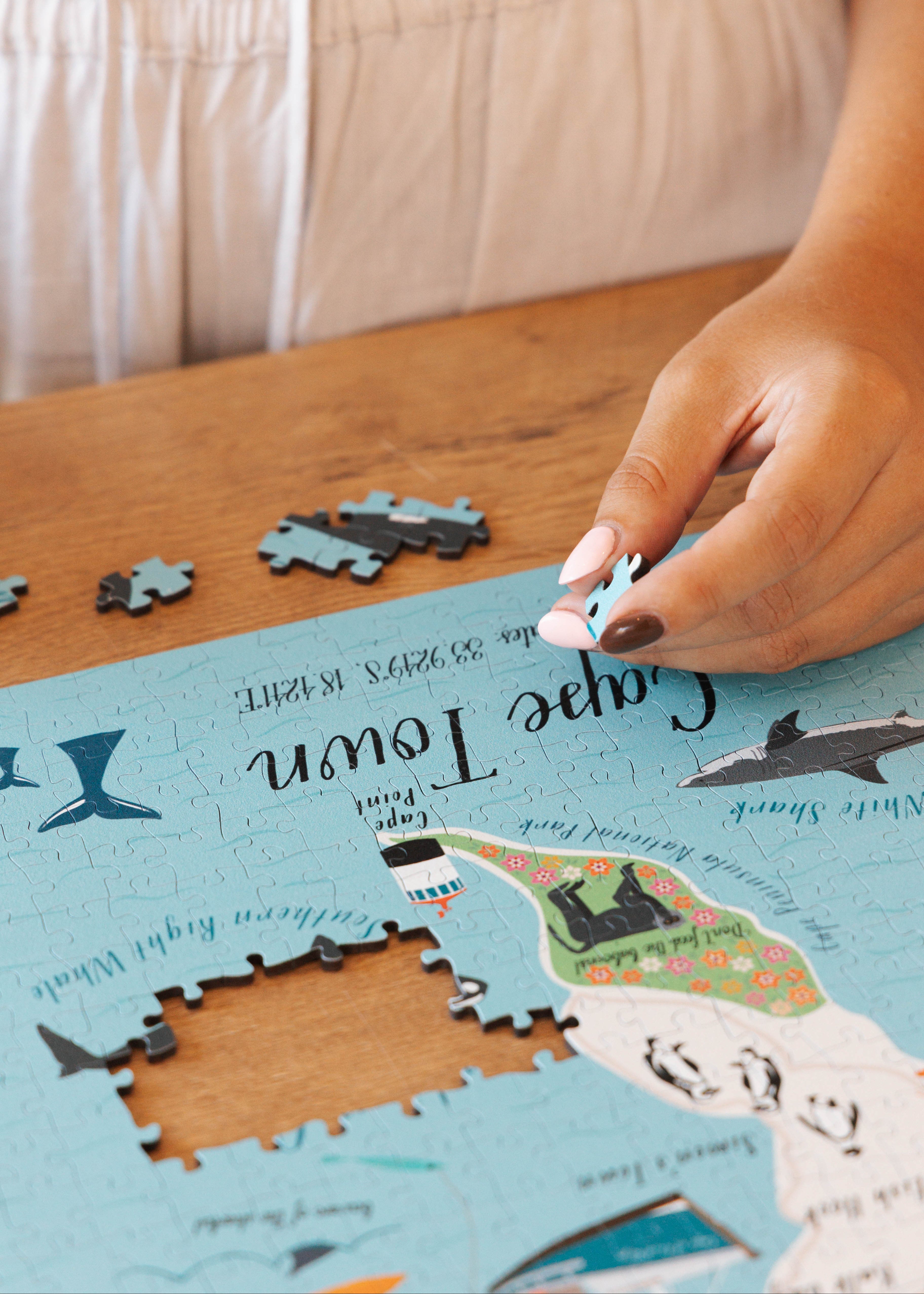 Cape Town is a MasterPiece wooden jigsaw puzzle that features the city as an illustrated map. Perfect for art lovers, proud South Africans, anyone looking for a thoughtful gift or a keepsake of Cape Town.