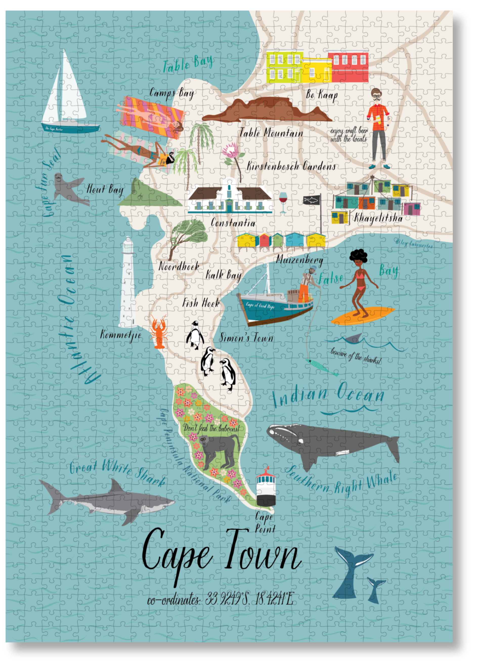 Cape Town is a MasterPiece wooden jigsaw puzzle that features the city as an illustrated map. Perfect for art lovers, proud South Africans, anyone looking for a thoughtful gift or a keepsake of Cape Town.