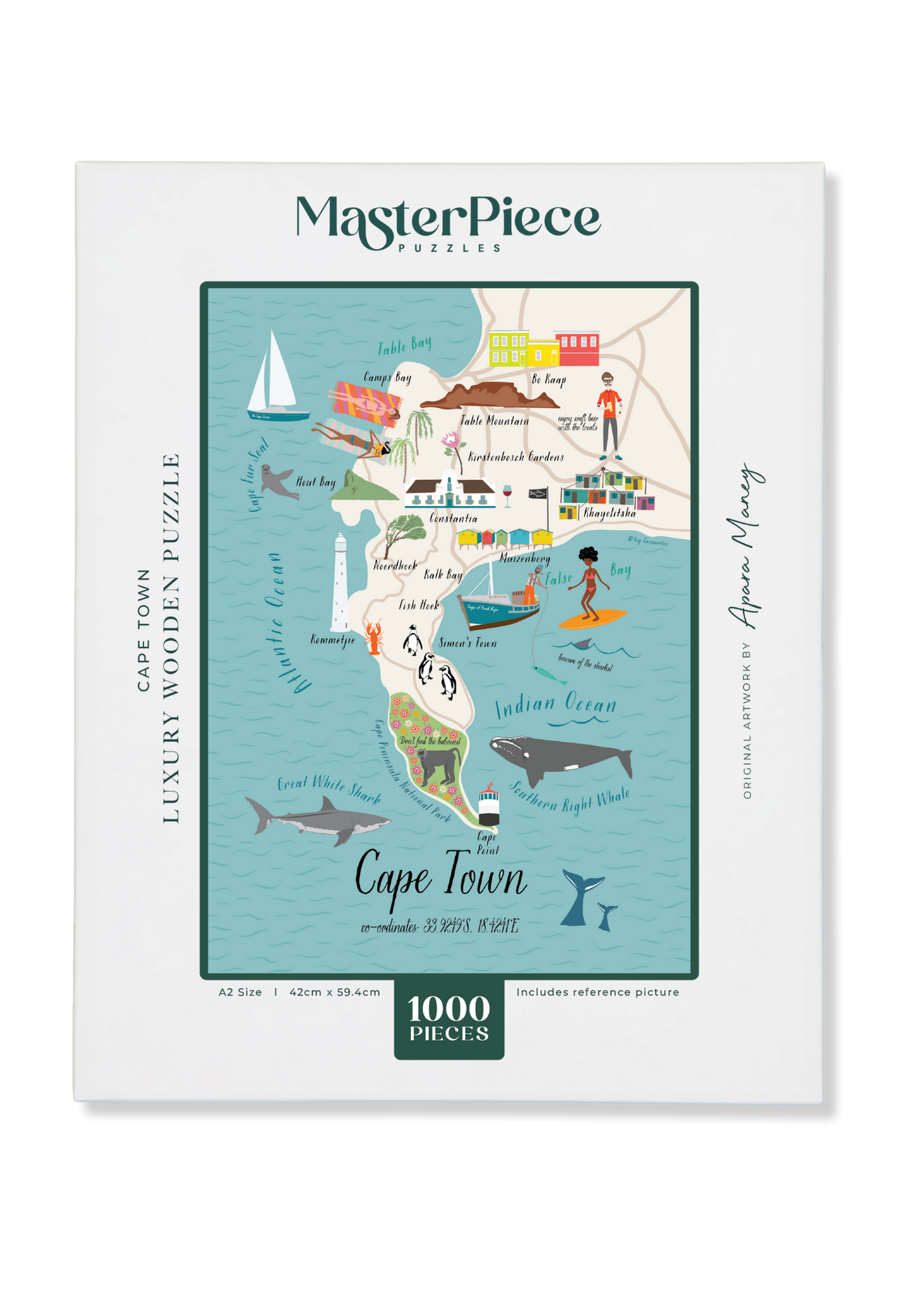 Cape Town is a MasterPiece wooden jigsaw puzzle that features the city as an illustrated map. Perfect for art lovers, proud South Africans, anyone looking for a thoughtful gift or a keepsake of Cape Town.