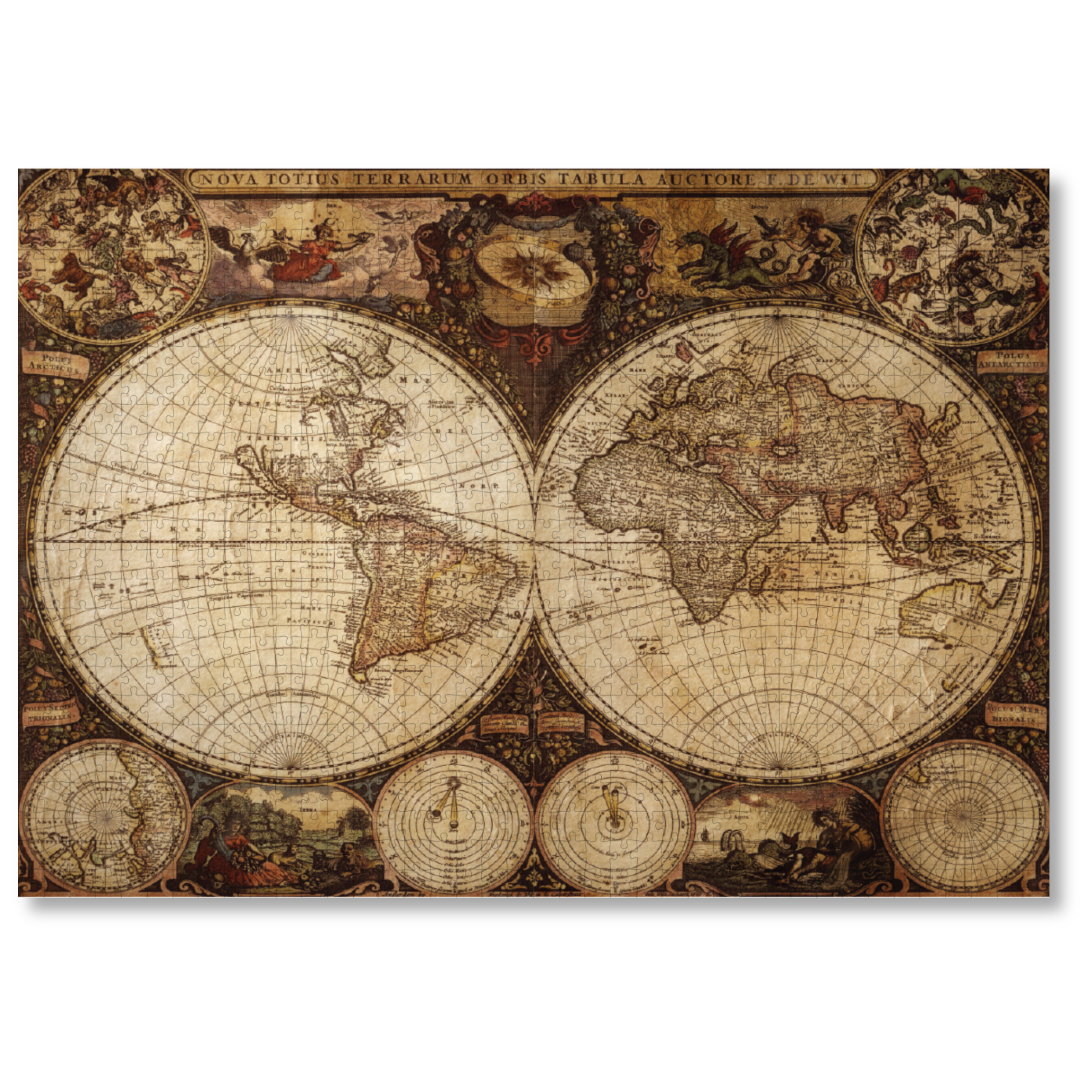Frederick De Wit's Map is a MasterPiece wooden jigsaw puzzle of 'Nova Totius Terrarum Orbis Tabula' (New Map of the Whole World), a vintage illustrated map. 

Precision-cut from 3mm thick wood and expertly printed, our MasterPiece puzzles offer a tactile and satisfying puzzling experience like no other. They are perfect for art lovers, travelers, those who are wanderlust and anyone looking for a thoughtful gift. 