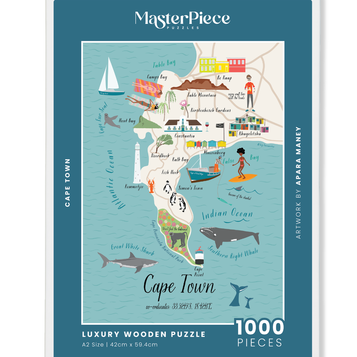 Cape Town is a MasterPiece wooden jigsaw puzzle that features the city as an illustrated map. Perfect for art lovers, proud South Africans, anyone looking for a thoughtful gift or a keepsake of Cape Town.