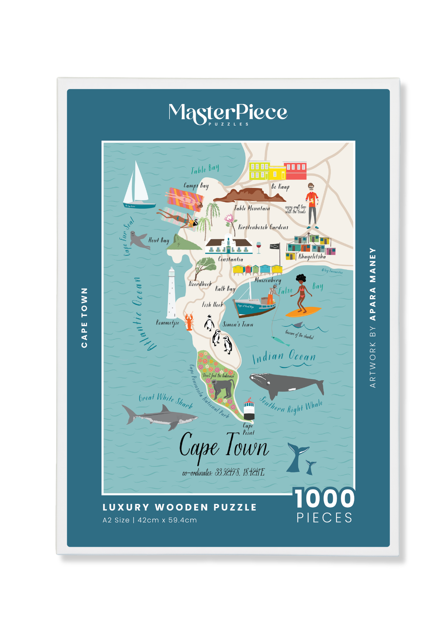 Cape Town is a MasterPiece wooden jigsaw puzzle that features the city as an illustrated map. Perfect for art lovers, proud South Africans, anyone looking for a thoughtful gift or a keepsake of Cape Town.