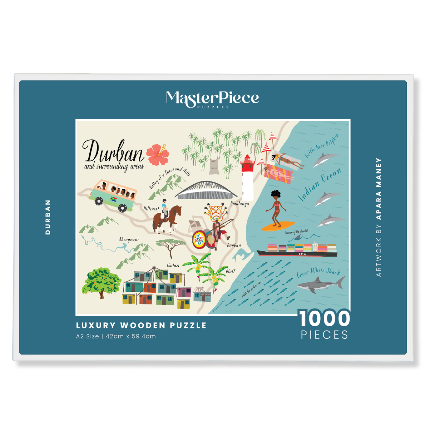 Durban is a MasterPiece wooden jigsaw puzzle that features South Africa’s vibrant coastal city. 
Precision-cut from 3mm thick wood and expertly printed, our MasterPiece puzzles offer a tactile and satisfying puzzling experience like no other. They are perfect for art lovers, proud South Africans, tourists and anyone looking for a thoughtful gift.