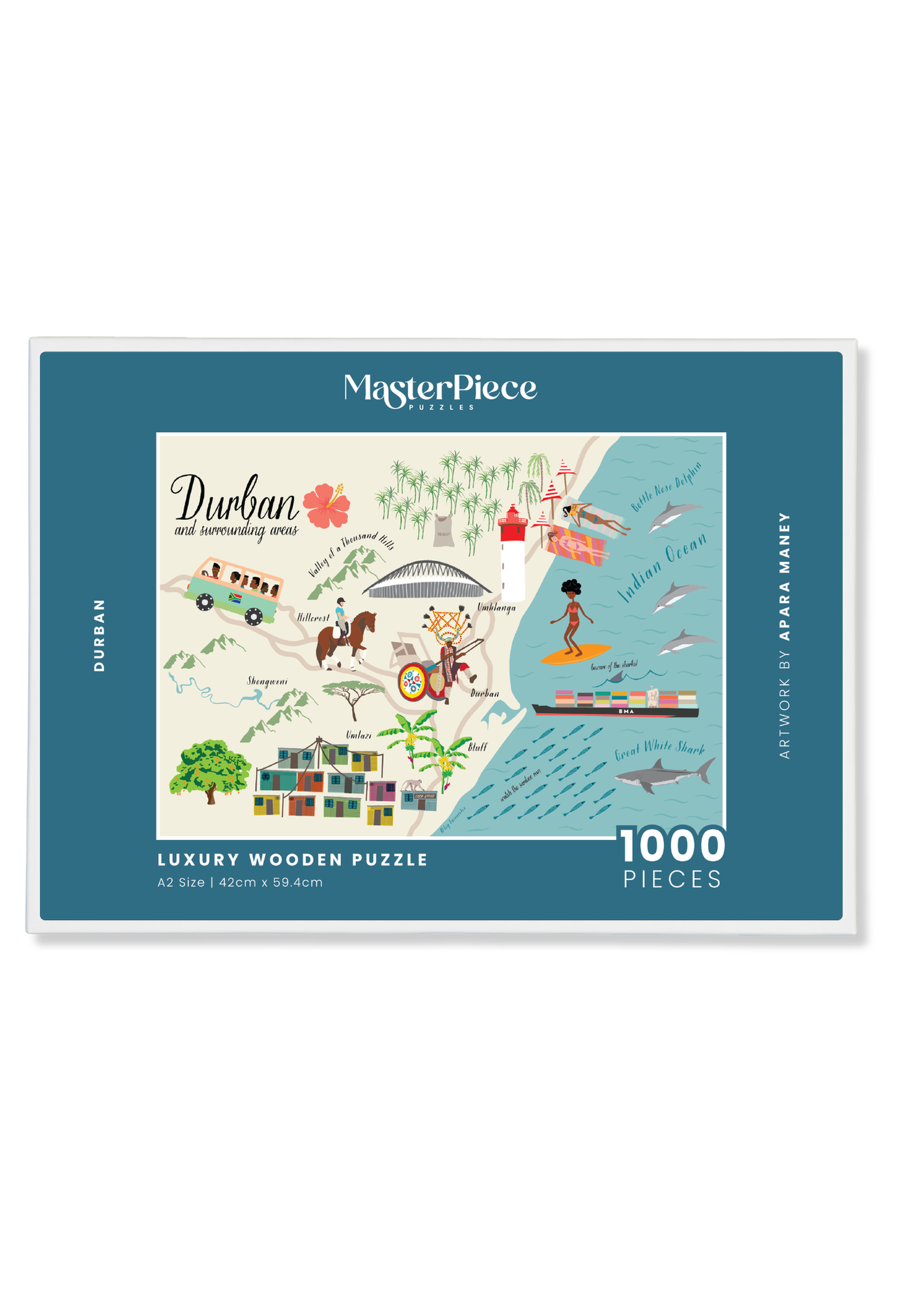 Durban is a MasterPiece wooden jigsaw puzzle that features South Africa’s vibrant coastal city. 
Precision-cut from 3mm thick wood and expertly printed, our MasterPiece puzzles offer a tactile and satisfying puzzling experience like no other. They are perfect for art lovers, proud South Africans, tourists and anyone looking for a thoughtful gift.