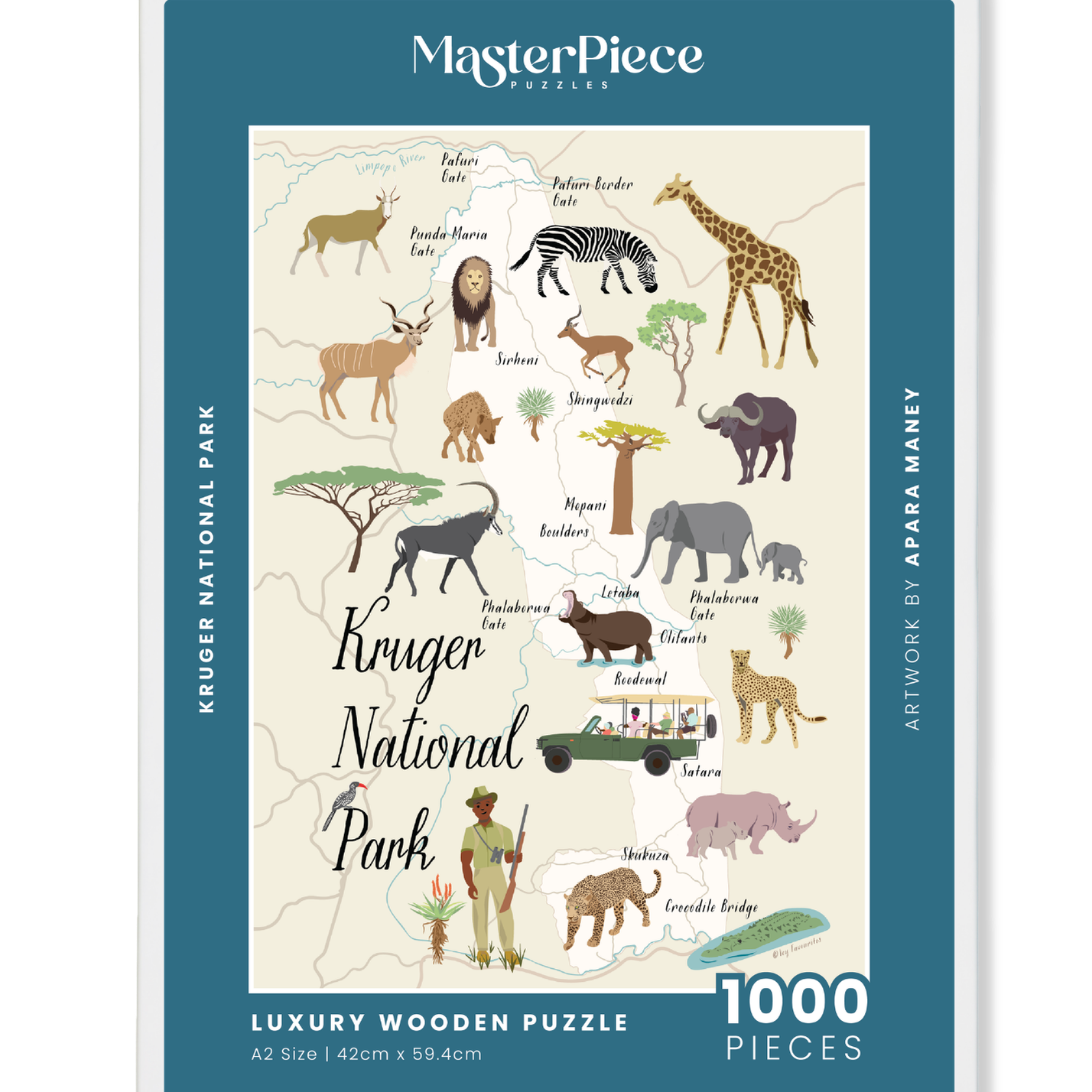 Kruger National Park is a MasterPiece wooden jigsaw puzzle of South Africa’s world-famous wildlife haven. This premium wooden map puzzle celebrates its vast savannahs, iconic animals and diverse ecosystems. Precision-cut from 3mm thick wood and expertly printed, our MasterPiece puzzles offer a tactile and satisfying puzzling experience like no other. They are perfect for art lovers, proud South Africans, tourists and anyone looking for a thoughtful gift. 