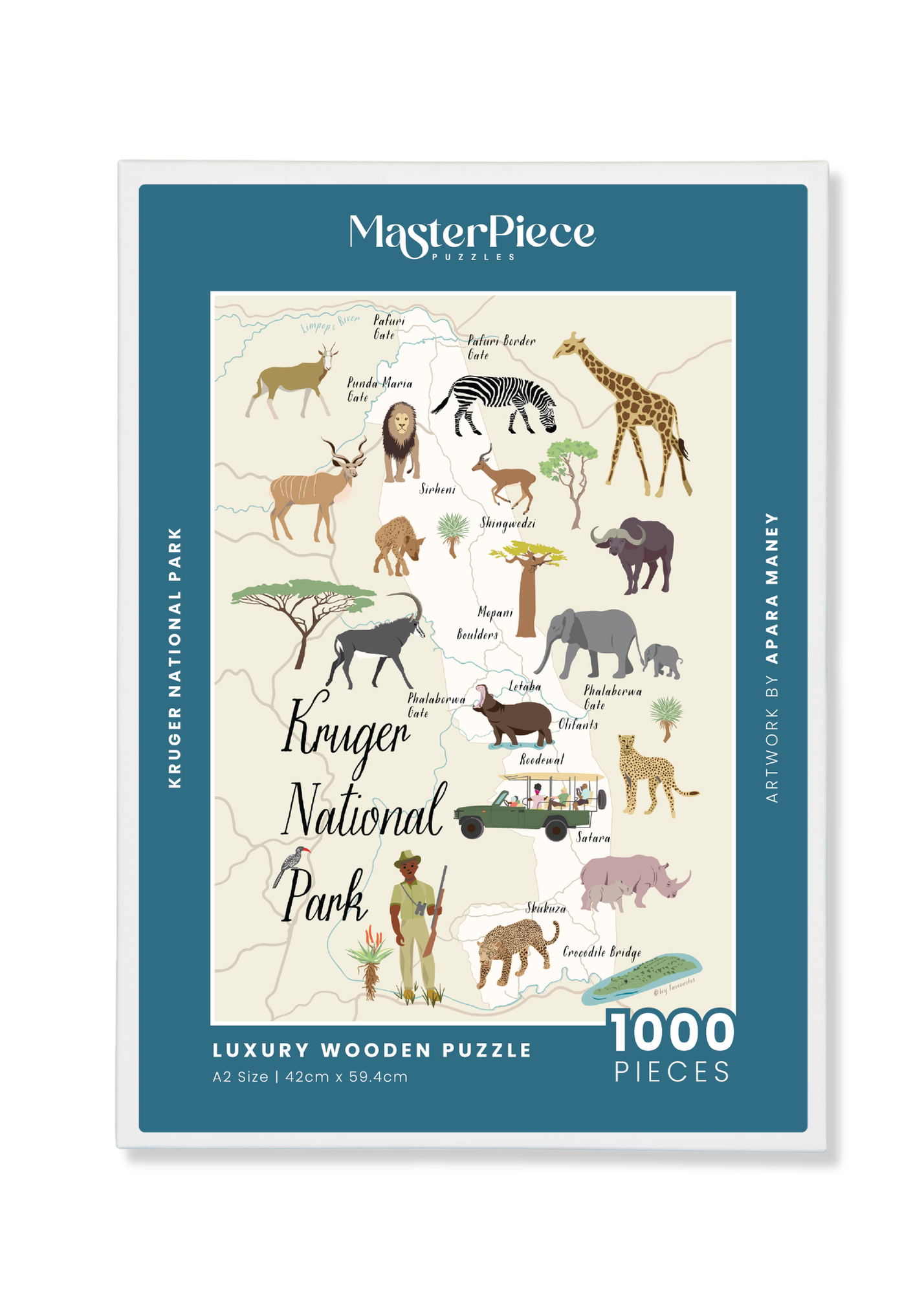 Kruger National Park is a MasterPiece wooden jigsaw puzzle of South Africa’s world-famous wildlife haven. This premium wooden map puzzle celebrates its vast savannahs, iconic animals and diverse ecosystems. Precision-cut from 3mm thick wood and expertly printed, our MasterPiece puzzles offer a tactile and satisfying puzzling experience like no other. They are perfect for art lovers, proud South Africans, tourists and anyone looking for a thoughtful gift. 