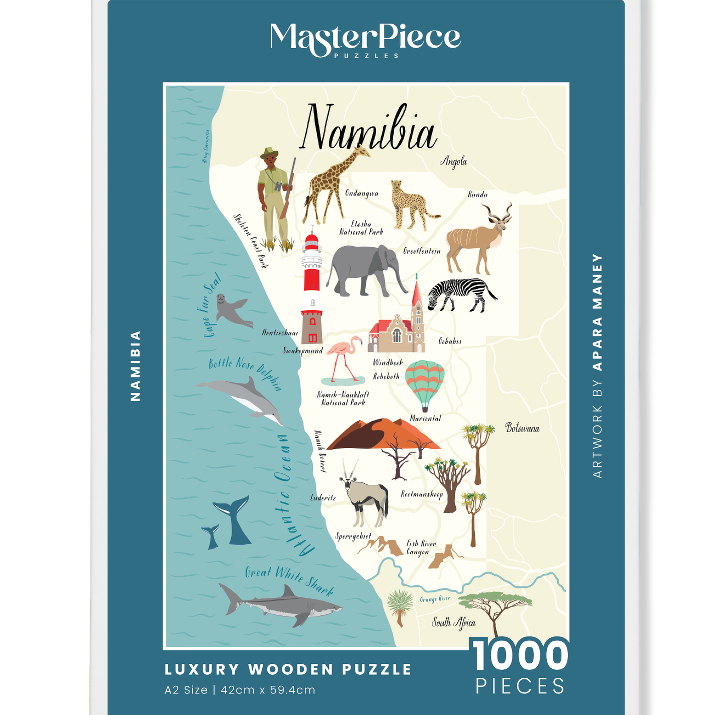 Namibia is a MasterPiece wooden jigsaw puzzle of a beautifully illustrated map that brings the country’s landscapes and stories to life. Learn about Namibia’s ocean life, wildlife and heritage sites as you build this puzzle. 
Precision-cut from 3mm thick wood and expertly printed, our MasterPiece puzzles offer a tactile and satisfying puzzling experience like no other. They are perfect for art enthusiasts, Namibia lovers and anyone looking for a thoughtful gift. 