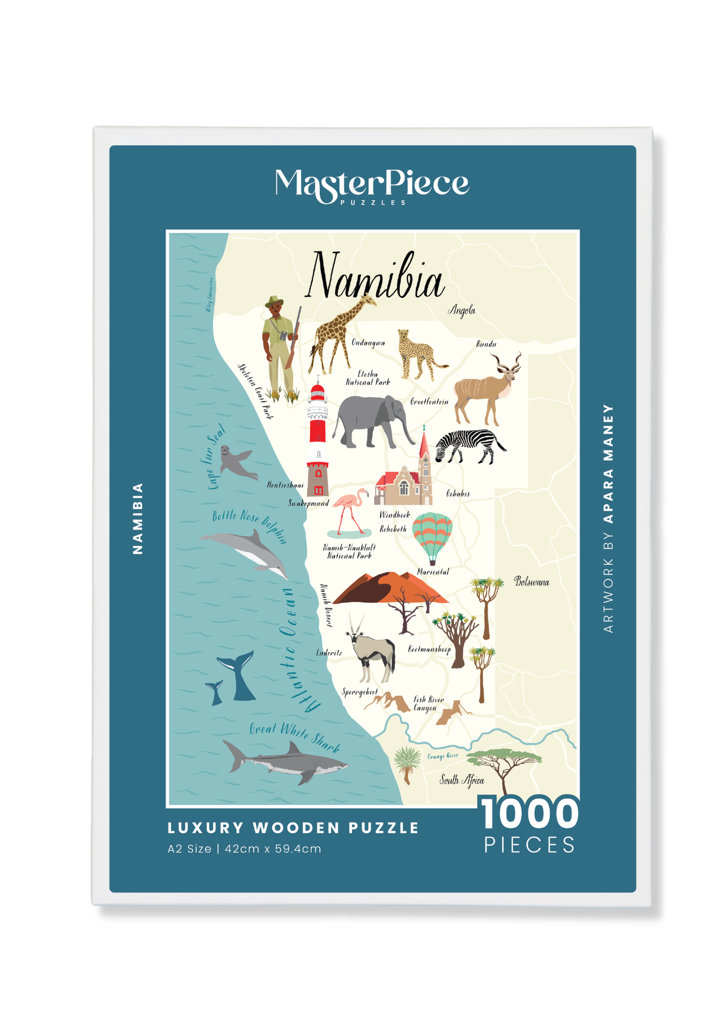 Namibia is a MasterPiece wooden jigsaw puzzle of a beautifully illustrated map that brings the country’s landscapes and stories to life. Learn about Namibia’s ocean life, wildlife and heritage sites as you build this puzzle. 
Precision-cut from 3mm thick wood and expertly printed, our MasterPiece puzzles offer a tactile and satisfying puzzling experience like no other. They are perfect for art enthusiasts, Namibia lovers and anyone looking for a thoughtful gift. 