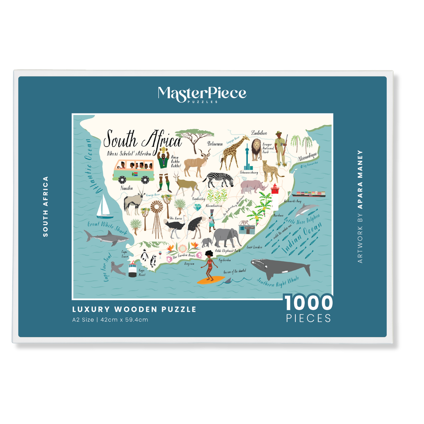 South Africa is a MasterPiece wooden jigsaw puzzle that features a map illustration of the rainbow nation, a country of contrast and character. Uncover its landscapes, cultures and stories piece by piece with this premium wooden map puzzle.

Precision-cut from 3mm thick wood and expertly printed, our MasterPiece puzzles offer a tactile and satisfying puzzling experience like no other. They are perfect for art lovers, proud South Africans, tourists and anyone looking for a thoughtful gift.