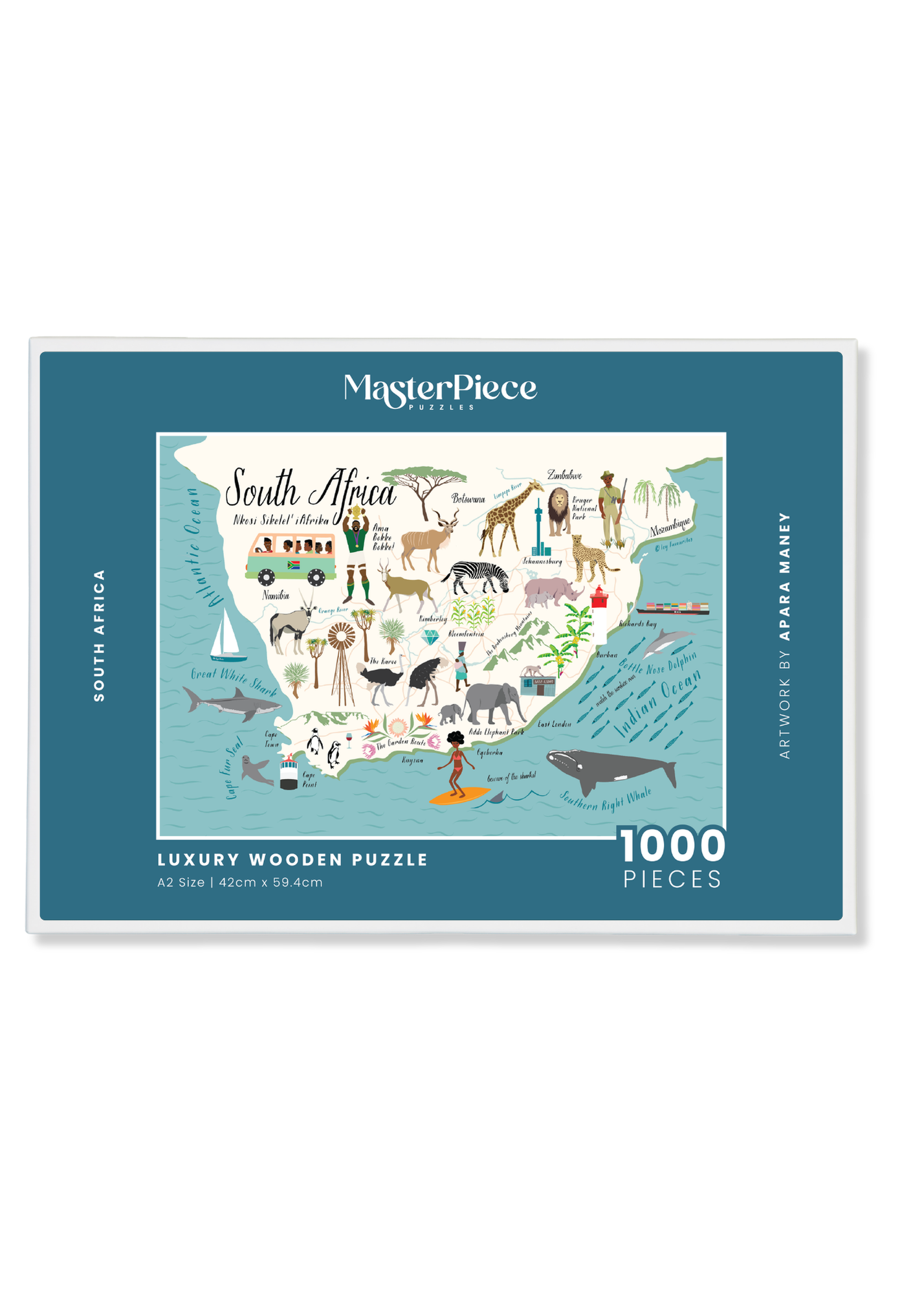 South Africa is a MasterPiece wooden jigsaw puzzle that features a map illustration of the rainbow nation, a country of contrast and character. Uncover its landscapes, cultures and stories piece by piece with this premium wooden map puzzle.

Precision-cut from 3mm thick wood and expertly printed, our MasterPiece puzzles offer a tactile and satisfying puzzling experience like no other. They are perfect for art lovers, proud South Africans, tourists and anyone looking for a thoughtful gift.