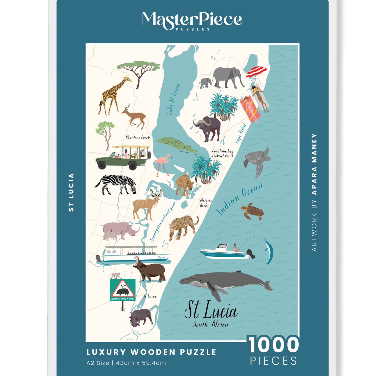 St Lucia is a MasterPiece wooden jigsaw puzzle that features the town where wetlands, wildlife and coastline meet. Uncover this extraordinary town piece by piece with a beautifully illustrated premium wooden puzzle, celebrating its natural wonders and rich biodiversity.
Precision-cut from 3mm thick wood and expertly printed, our MasterPiece puzzles offer a tactile and satisfying puzzling experience like no other. They are perfect for art lovers, proud South Africans and anyone looking for a thoughtful gift.