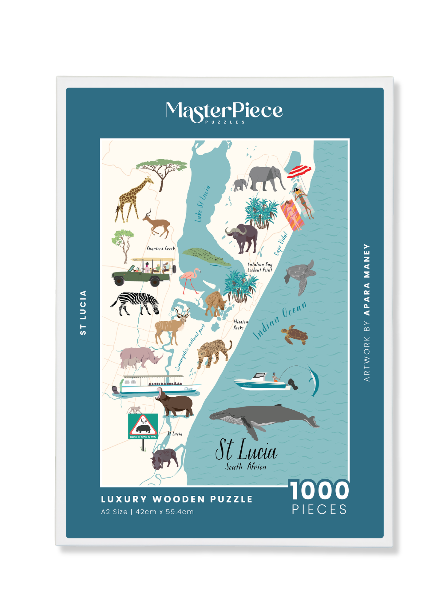 St Lucia is a MasterPiece wooden jigsaw puzzle that features the town where wetlands, wildlife and coastline meet. Uncover this extraordinary town piece by piece with a beautifully illustrated premium wooden puzzle, celebrating its natural wonders and rich biodiversity.
Precision-cut from 3mm thick wood and expertly printed, our MasterPiece puzzles offer a tactile and satisfying puzzling experience like no other. They are perfect for art lovers, proud South Africans and anyone looking for a thoughtful gift.