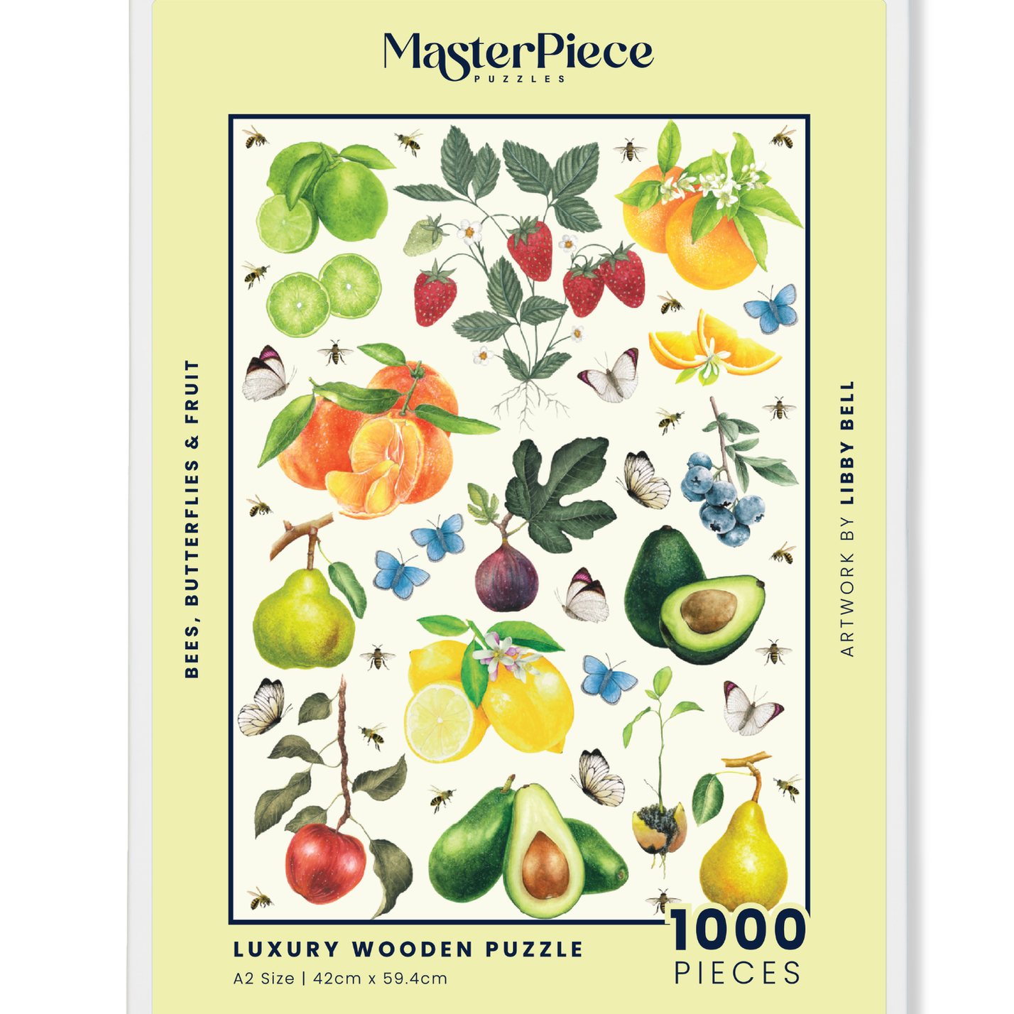A premium wooden jigsaw puzzle of a watercolour artwork of ripe fruits, buzzing bees and fluttering butterflies, painted by Libby Bell. They are perfect for art lovers, garden admirers and anyone looking for a thoughtful gift.